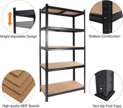 Haoyye Heavy Duty Garage Storage Shelves, 2000LBS Capacity 5 Tier Adjustable Metal Rack with MDF Boards, Freestanding Shelving Unit for Garage, Basement, Pantry, Warehouse, Office, Space-Saving Sturdy Organizer, Easy Assembly Design