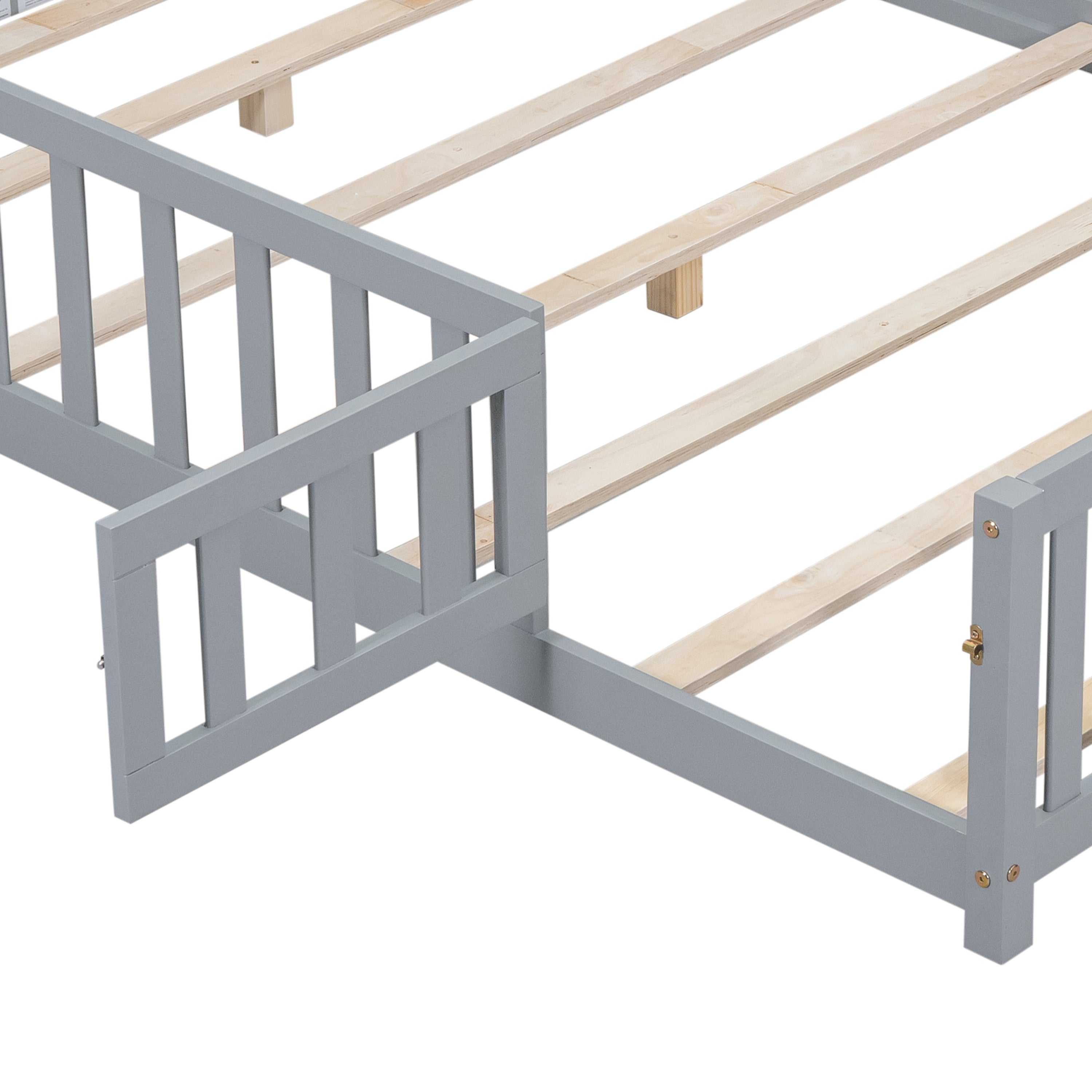 HAOYYE Full Size Floor Platform Bed with Fence and Door for , Montessori Floor Bed Frame with Support Slats for Toddlers, Wooden Floor Bed Grey Sturdy Space-Saving Heavy Duty Modern Design Adults