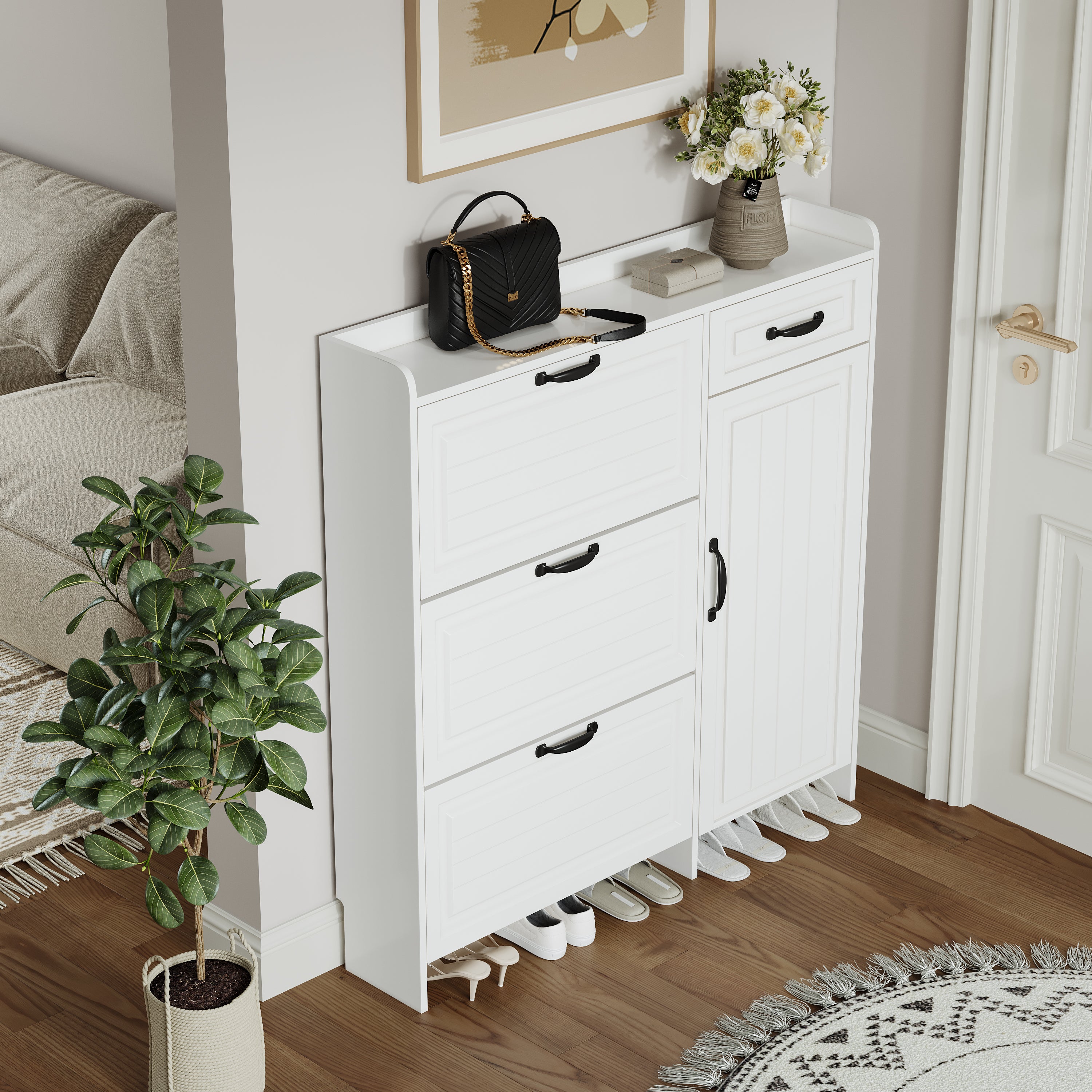 HAOYYE White Shoe Cabinet With 4 Doors And 1 Drawer, Large Storage Capacity, Modern Sturdy Space-Saving Design For Bedrooms And Dorm Rooms, Heavy Duty Construction, Easy To Assemble