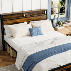 HAOYYE Queen Size Bed Frame, Storage Headboard with LED light, Charging Station, Solid and Stable, Noise Free, No Box Spring Needed, Easy Assembly, Vintage Brown Sturdy Space-Saving Heavy Duty Modern Design