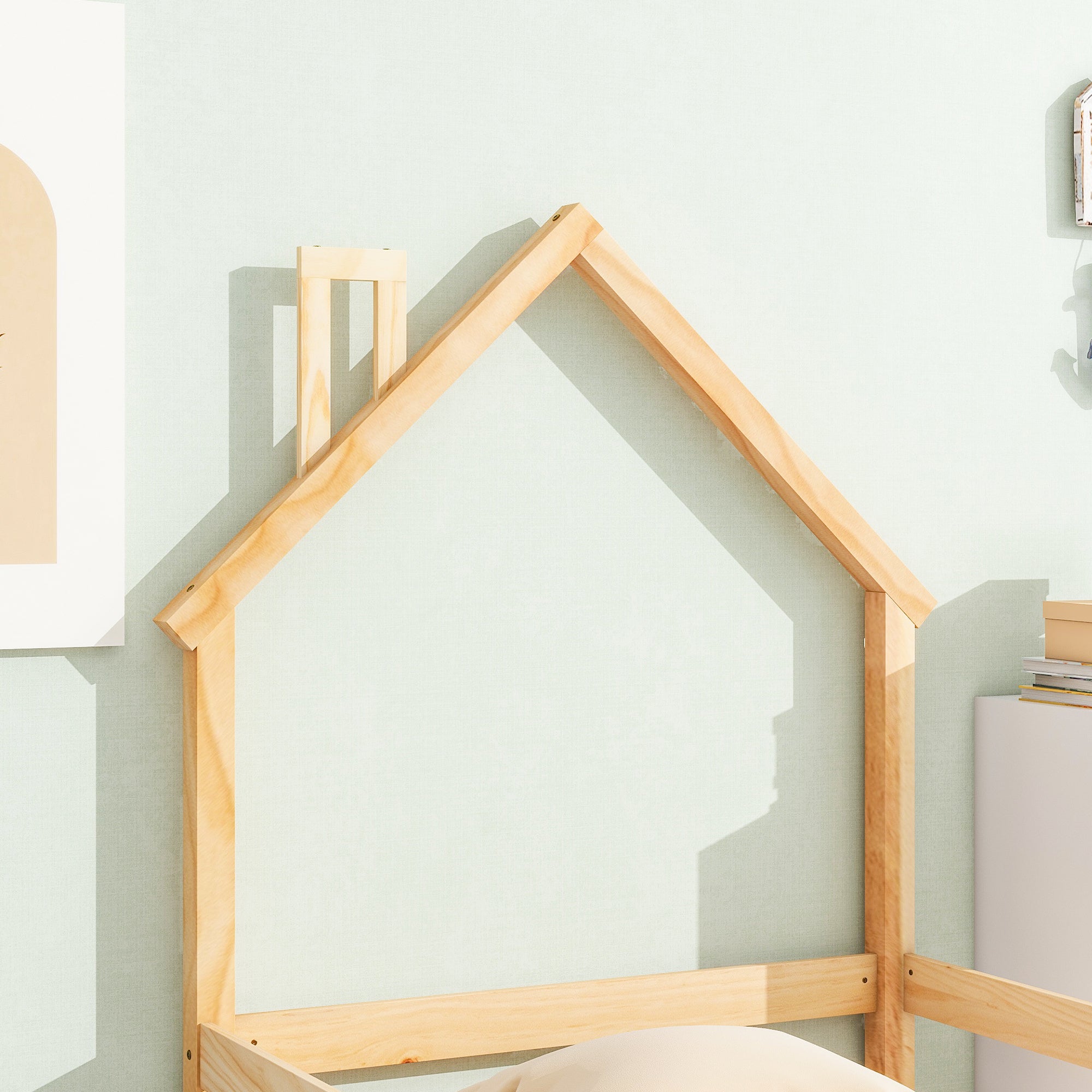 Haoyye Twin Size Wood Bed with House-Shaped Headboard, Floor Bed Frame with Fences and Guardrails, Low Platform Design for Bedroom or Dorm, Sturdy Pine Construction, Space-Saving and Heavy Duty, Easy Assembly, Ideal for Cozy Sleeping Spaces