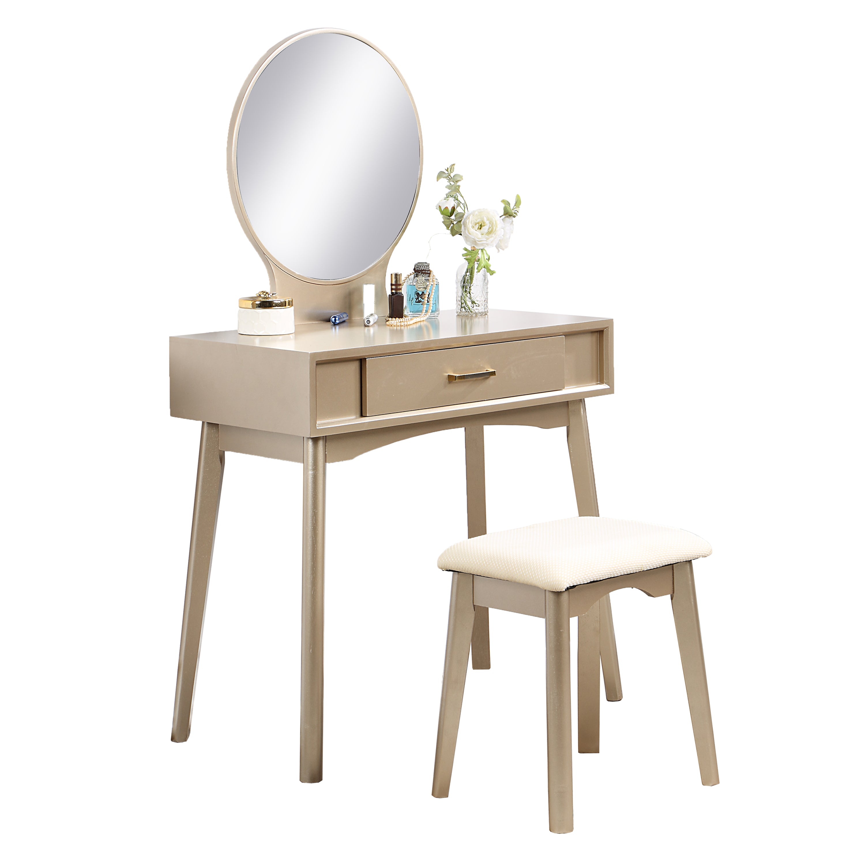 HAOYYE Maly Contemporary Wood Vanity and Stool Set, Gold Makeup Vanity Table with Storage Drawer, Elegant Dressing Table with Round Mirror and Cushioned Stool, Stylish and Compact Vanity Desk for Bedroom, Apartment, or Makeup Room