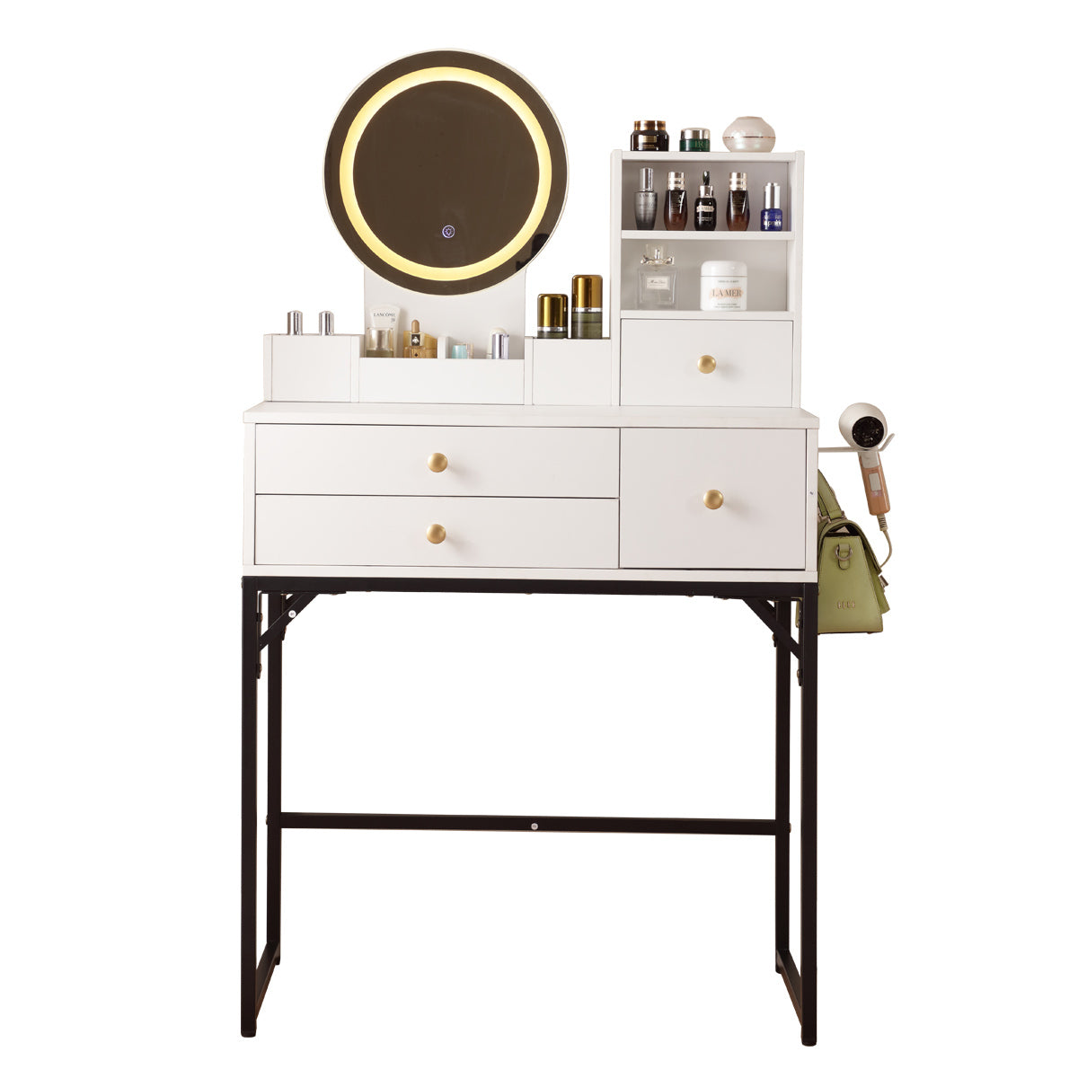 HAOYYE Vanity Desk With Lighted Mirror And Power Outlet, Makeup Table With Drawers And Cabinet, Sturdy Iron Frame, Space-Saving Modern Design, Heavy Duty White Makeup Vanity Table For Bedroom