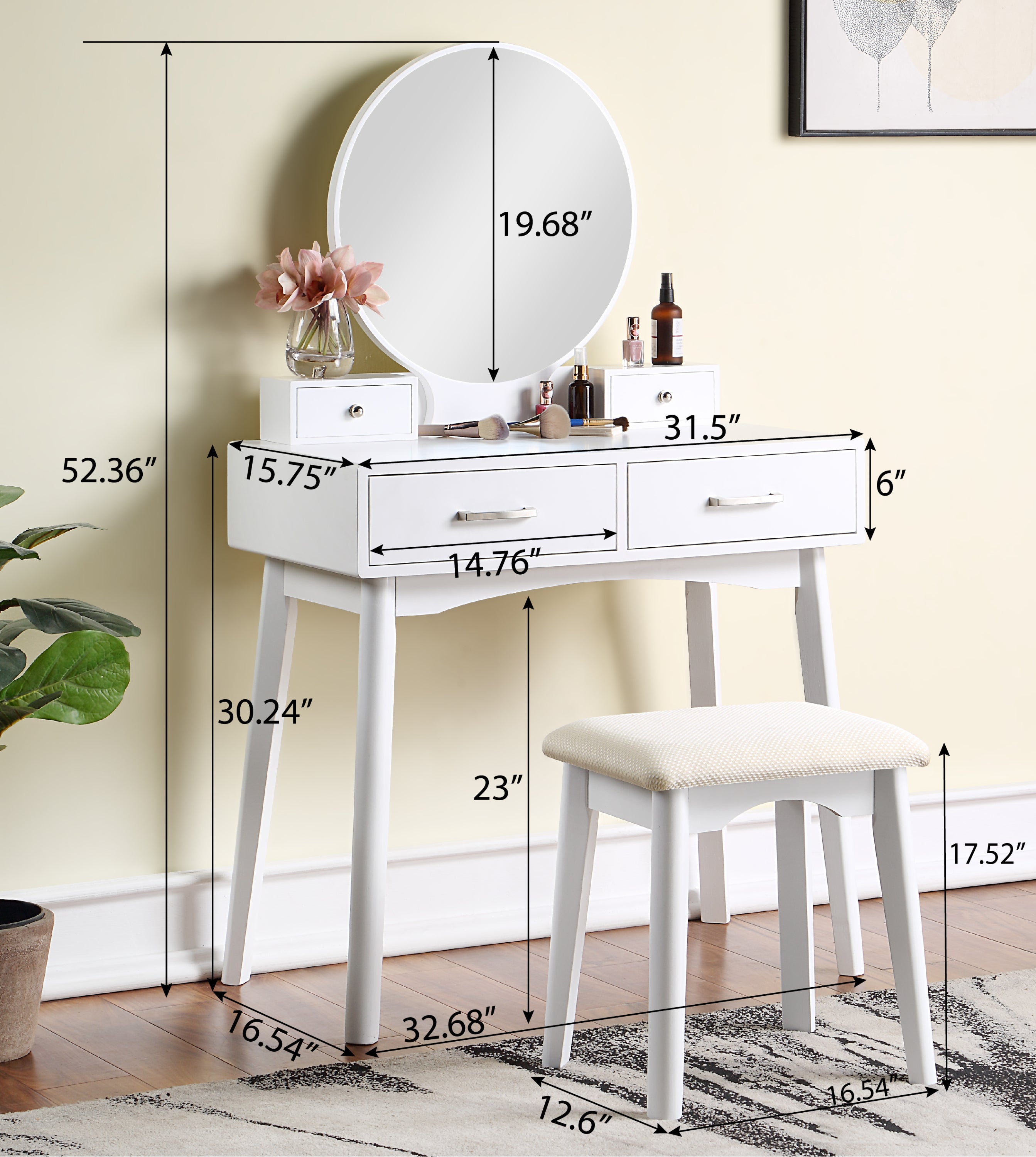 HAOYYE Liannon Contemporary Wood Vanity and Stool Set, Pink Makeup Vanity Table with Storage Drawers, Elegant Dressing Table with Round Mirror and Cushioned Stool, Stylish and Compact Design for Bedroom, Apartment, or Makeup Room