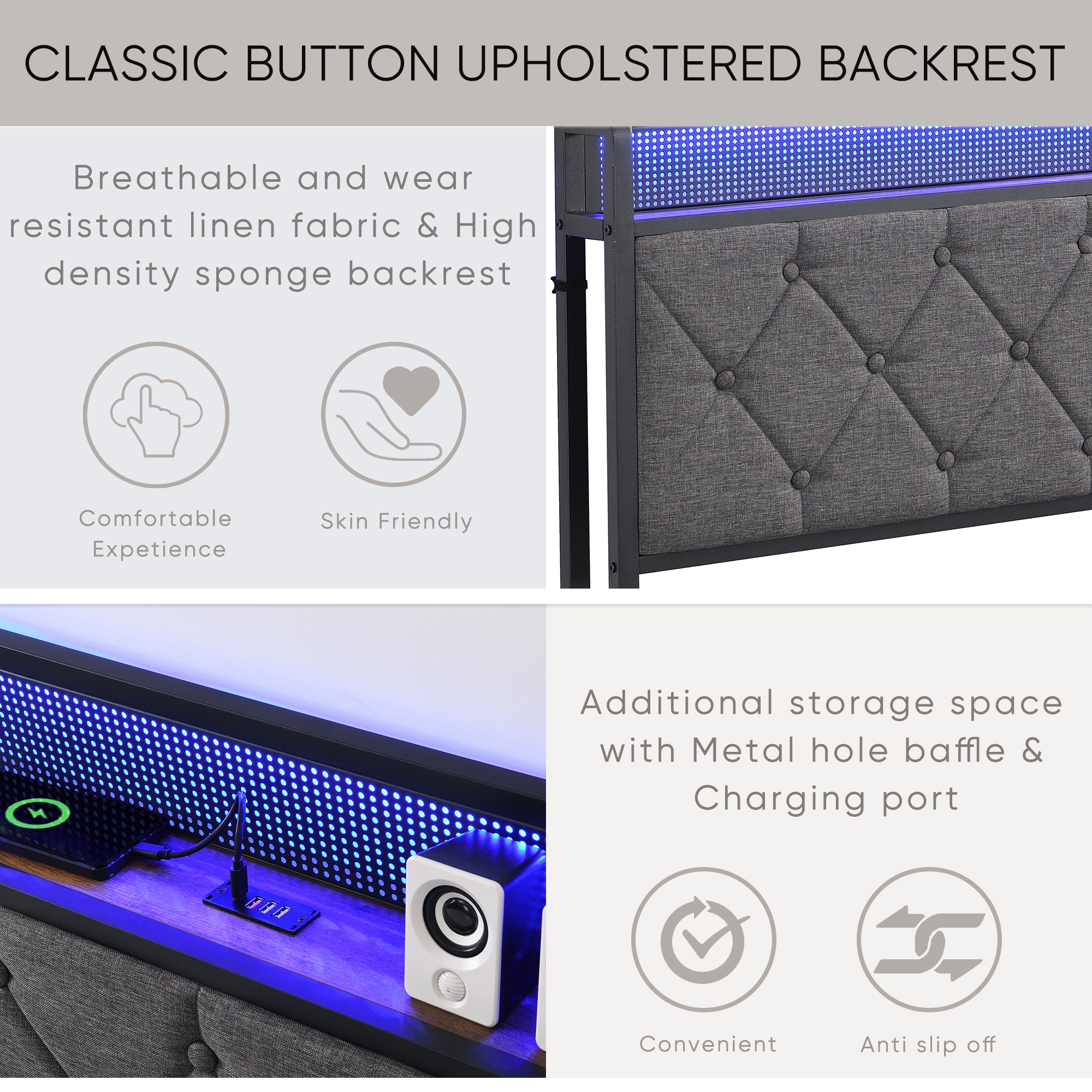 HAOYYE Full Bed Frame with Storage Headboard, Charging Station and LED Lights, Upholstered Platform Bed with Heavy Metal Slats, No Box Spring Needed, Noise Free, Easy Assembly, Dark Gray Sturdy Space-Saving