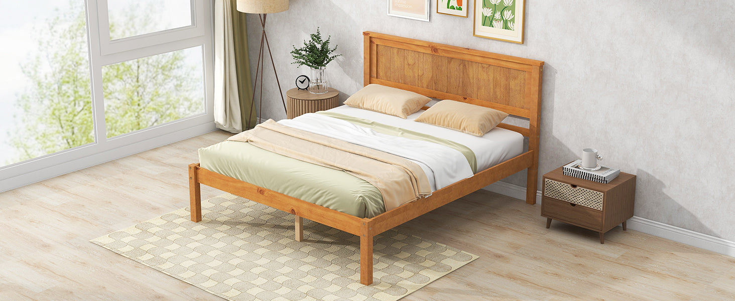 HAOYYE Platform Bed Frame with Headboard, Wood Slat Support, No Box Spring Needed, Full, Oak Sturdy Space-Saving Heavy Duty Modern Design Adults Dorm Room Easy Assembly Bedroom Furniture