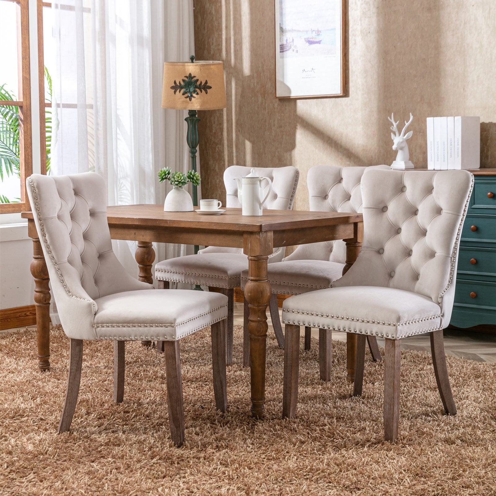 HAOYYE High-end Tufted Solid Wood Contemporary Velvet Upholstered Dining Chair with Wood Legs Nailhead Trim 2-Pcs Set,Beige, SW2001BG Sturdy Space-Saving Heavy Duty Modern Design