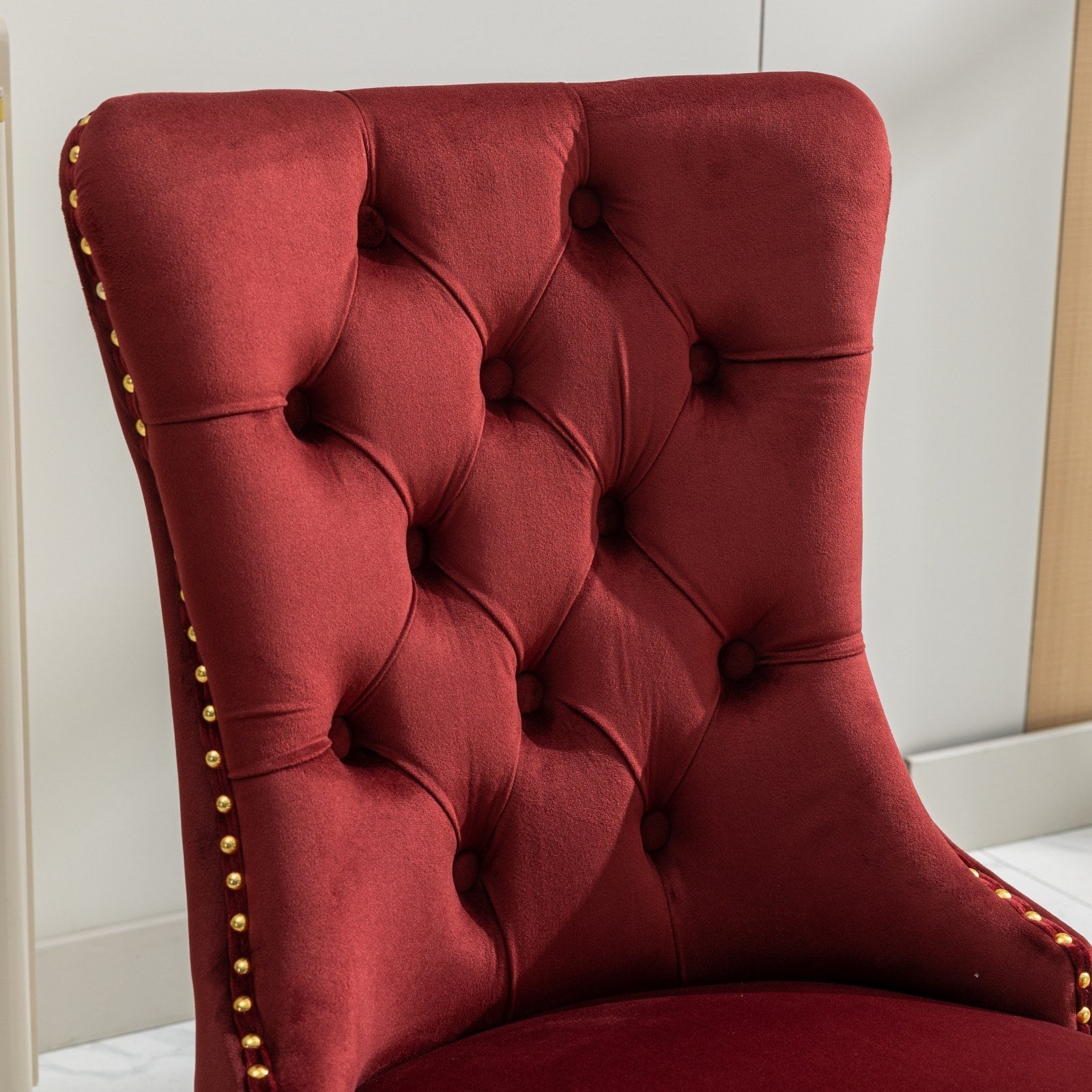 HAOYYE Nikki Collection Modern, High-end Tufted Solid Wood Contemporary Velvet Upholstered Dining Chair with Golden Stainless Steel Plating Legs,Nailhead Trim,Set of 2,Wine Red and Gold, SW1601WR,Burgundy