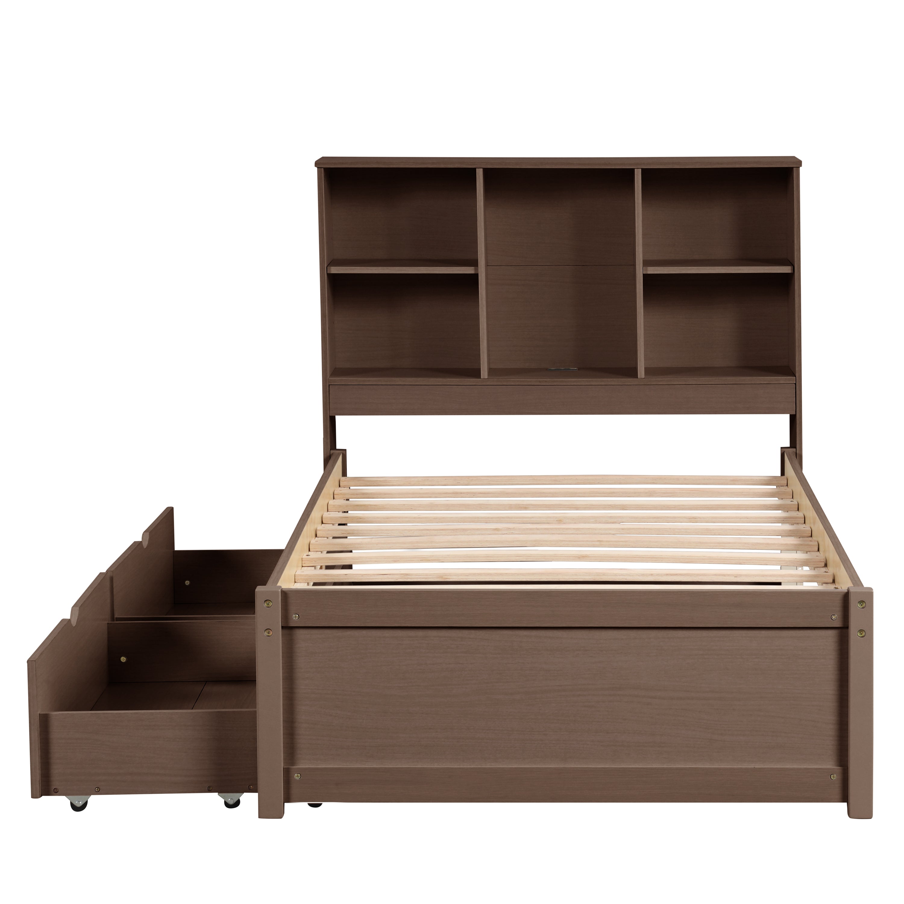 HAOYYE Twin Bed Frame with USB Port, Bookcase Headboard and Storage Drawers, Walnut Finish, Sturdy Space-Saving Design, Heavy Duty, Easy Assembly, Ideal for Bedroom and Dorm Room