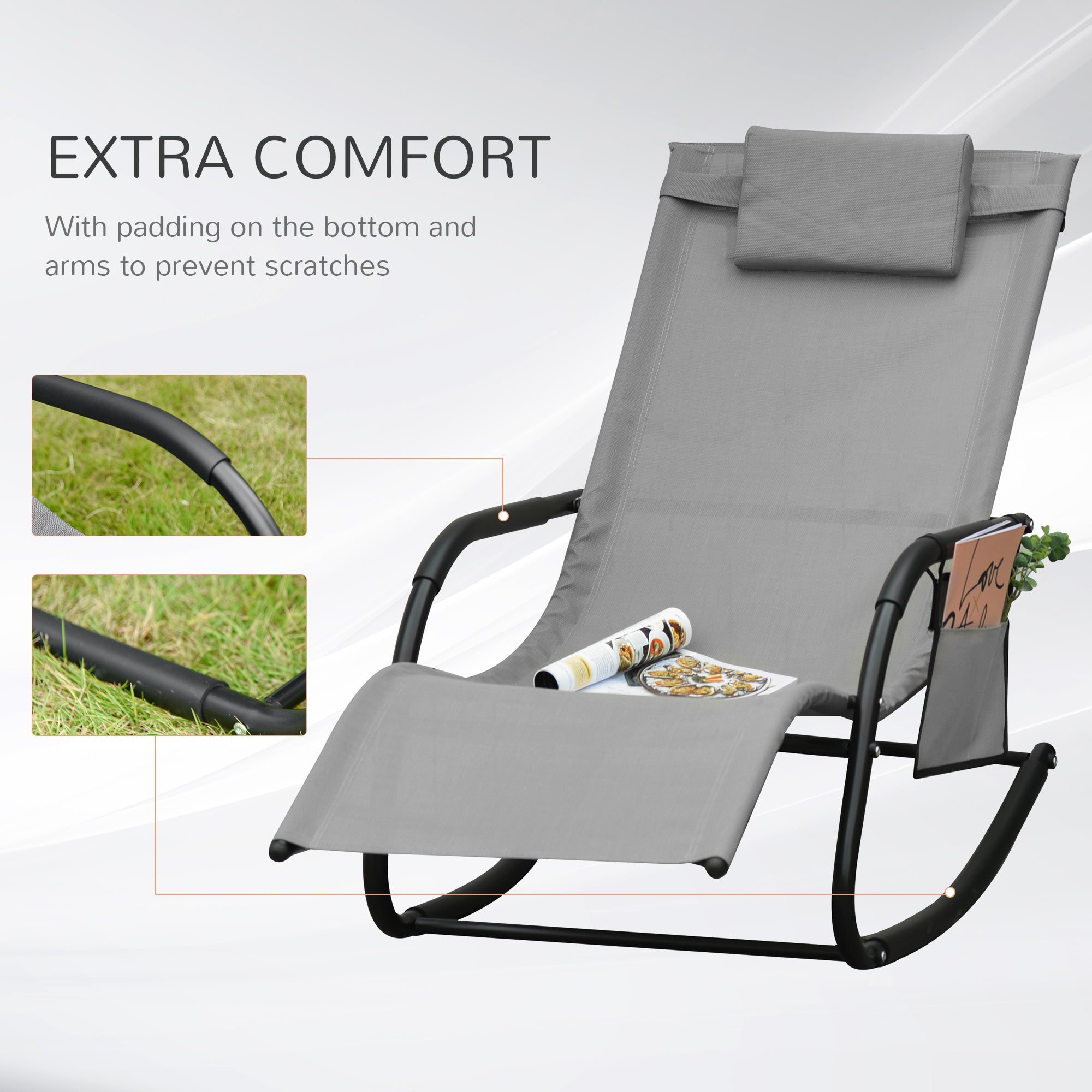 HAOYYE Gray Outdoor Rocking Chair With Breathable Mesh Fabric, Soft Padded Headrest And Armrests, Removable Side Pocket, Rubber Feet For Surface Protection, Sturdy Steel Frame Supports Up To 264 Lbs, Ideal For Patio, Backyard, Or Poolside Relaxation