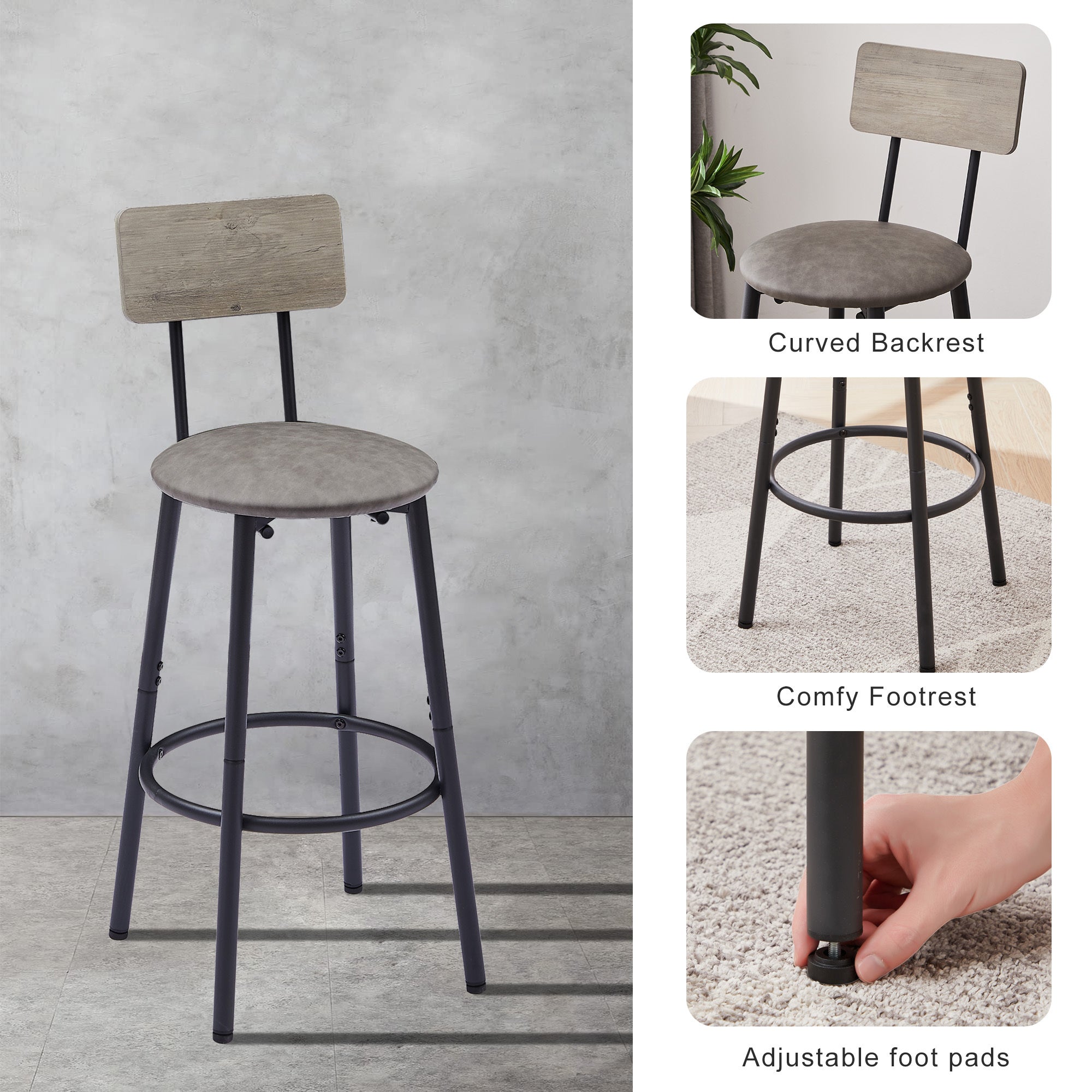 HAOYYE Bar Table Set with 2 Bar Stools, PU Soft Seat with Backrest, Modern Design, Sturdy Space-Saving Furniture for Kitchen, Dining Room, Office, Dorm Room, Easy Assembly, Gray Color