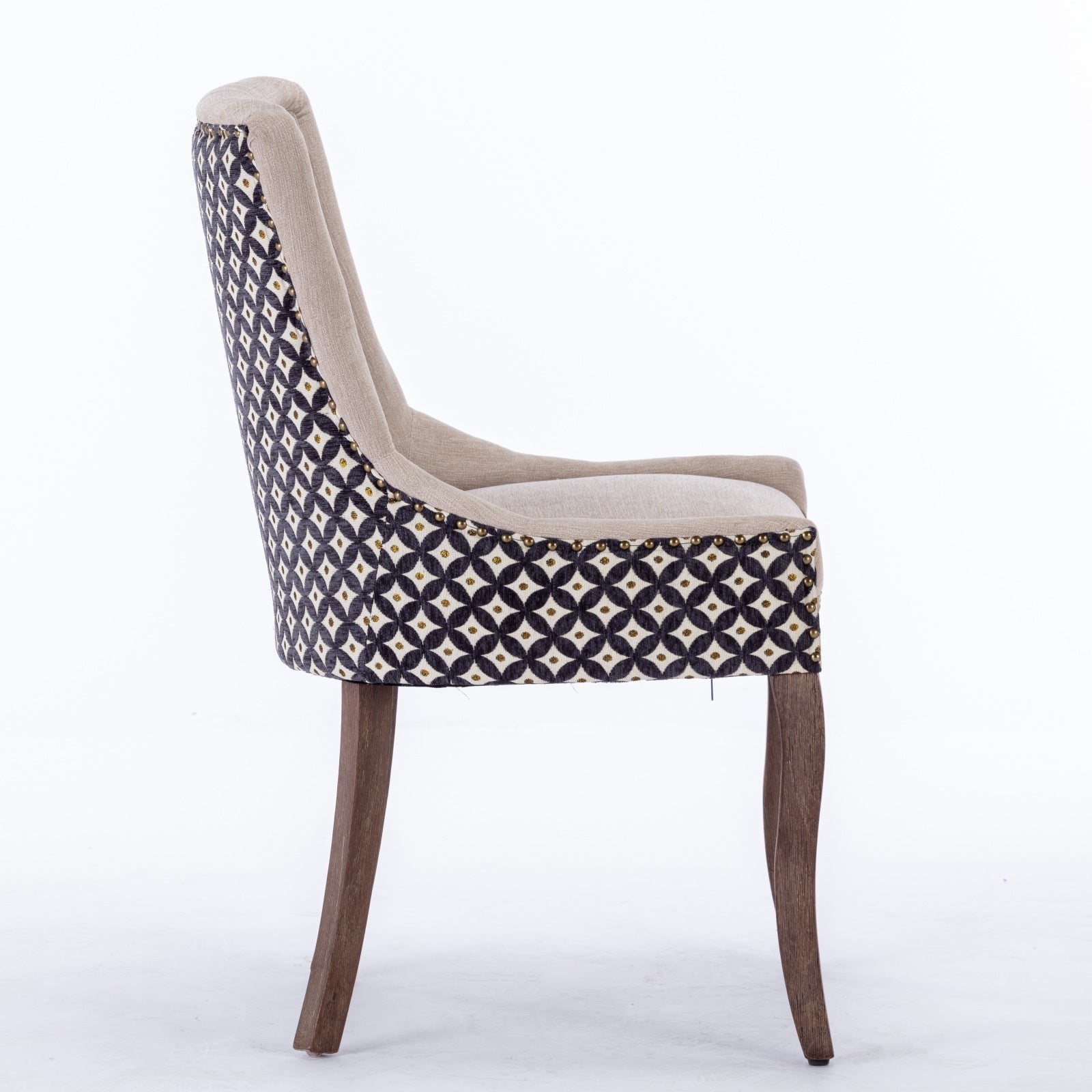 HAOYYE Ultra Side Dining Chair, Thickened fabric chairs with neutrally toned solid wood legs, Bronze nail head, Set of 2, Beige and Patterned,SW2207BG Sturdy Space-Saving Heavy Duty