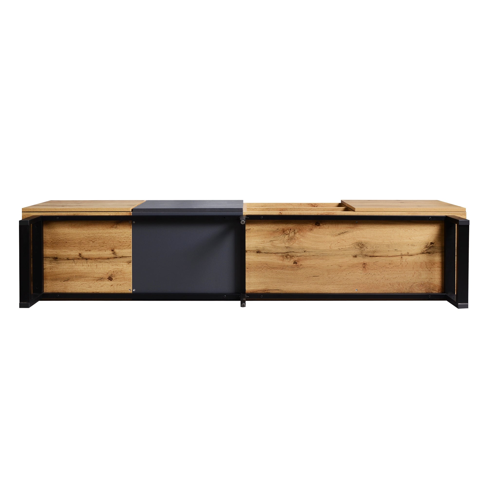 HAOYYE Modern TV Stand with 3 Cabinets and Open Shelves, Color-Matched Media Console Table for TVs up to 80 Inches, Entertainment Center with Drop Down Door for Living Room, Bedroom, and Home Theatre, Sturdy, Space-Saving Heavy Duty Design