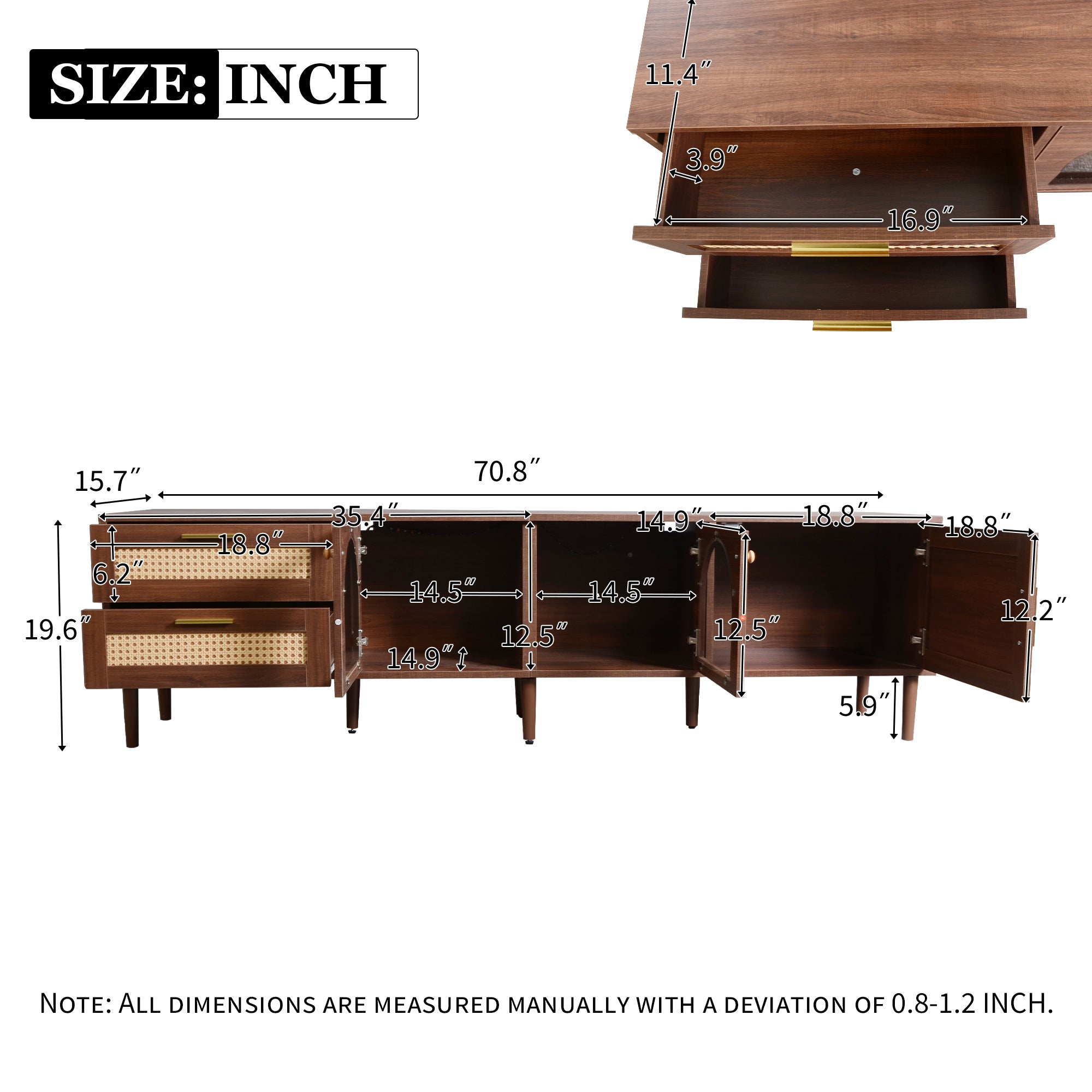 HAOYYE Rattan TV Stand with 3 Cabinets & 2 Drawers, Rattan-Inspired Media Console Table for TVs up to 80", LED Light Entertainment Center, TV Cabinet for Living Room, Bedroom, Home Theater, Sturdy Heavy Duty Construction
