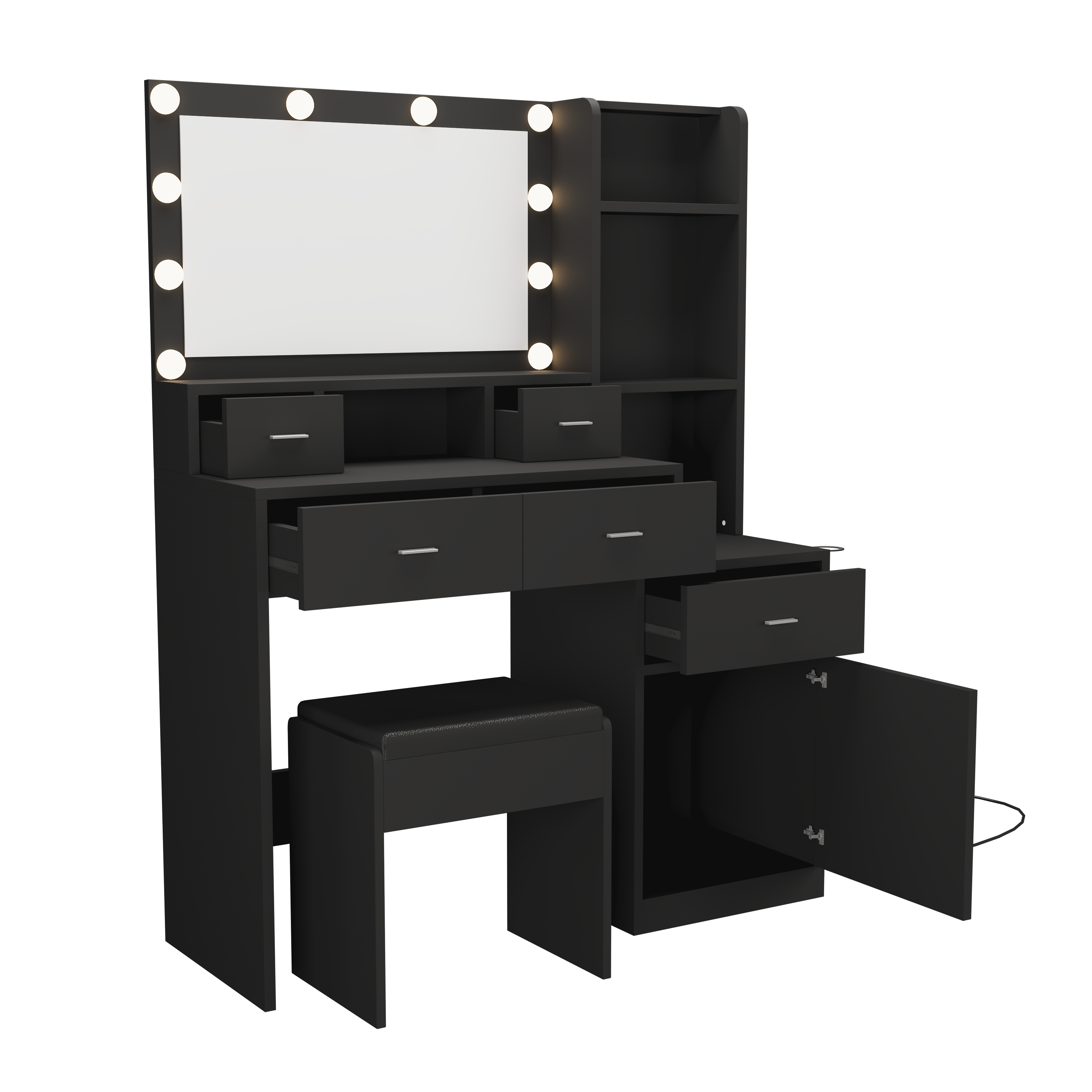 HAOYYE Black Vanity Table with Mirror & Hair Dryer Rack, Modern Makeup Desk with Dressing Mat, Storage Drawers, and Shelves for Bedroom & Dressing Room, Stylish Makeup Vanity with Functional Design