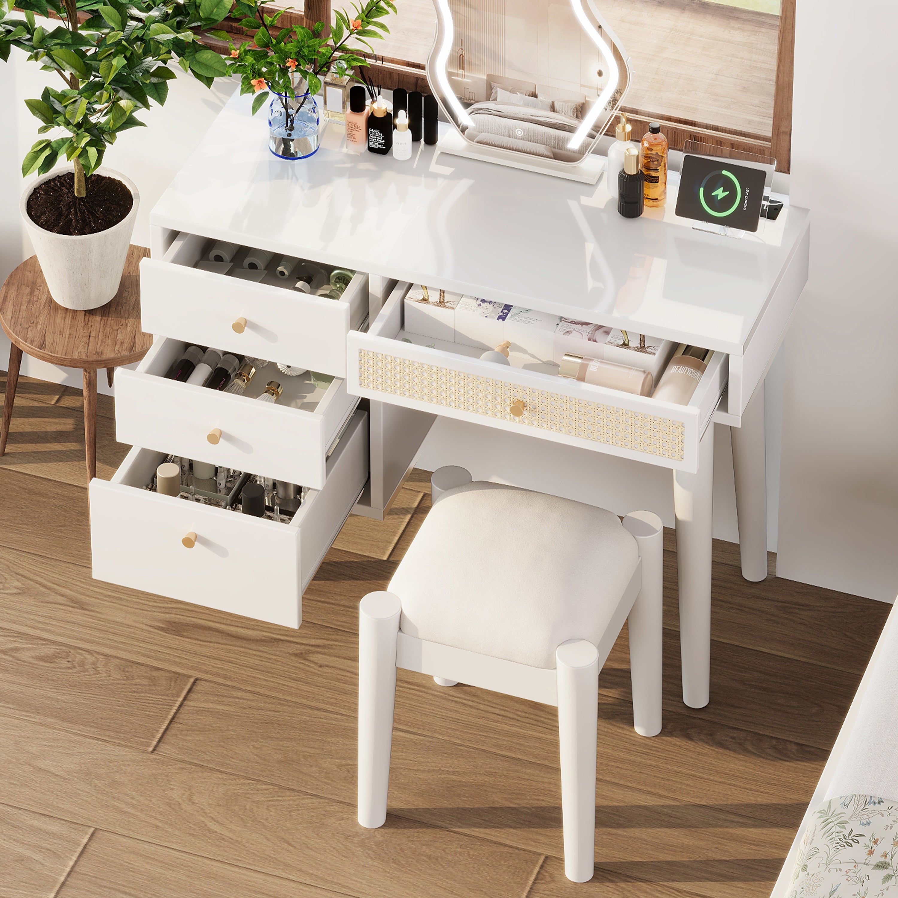 HAOYYE 39" Retro Bohemian Style Wooden Makeup Vanity Set with Charging Plug&USB Port and Stool, Dressing Table with 3 Storage Drawers and 1 Rectangular Rattan Drawer, White