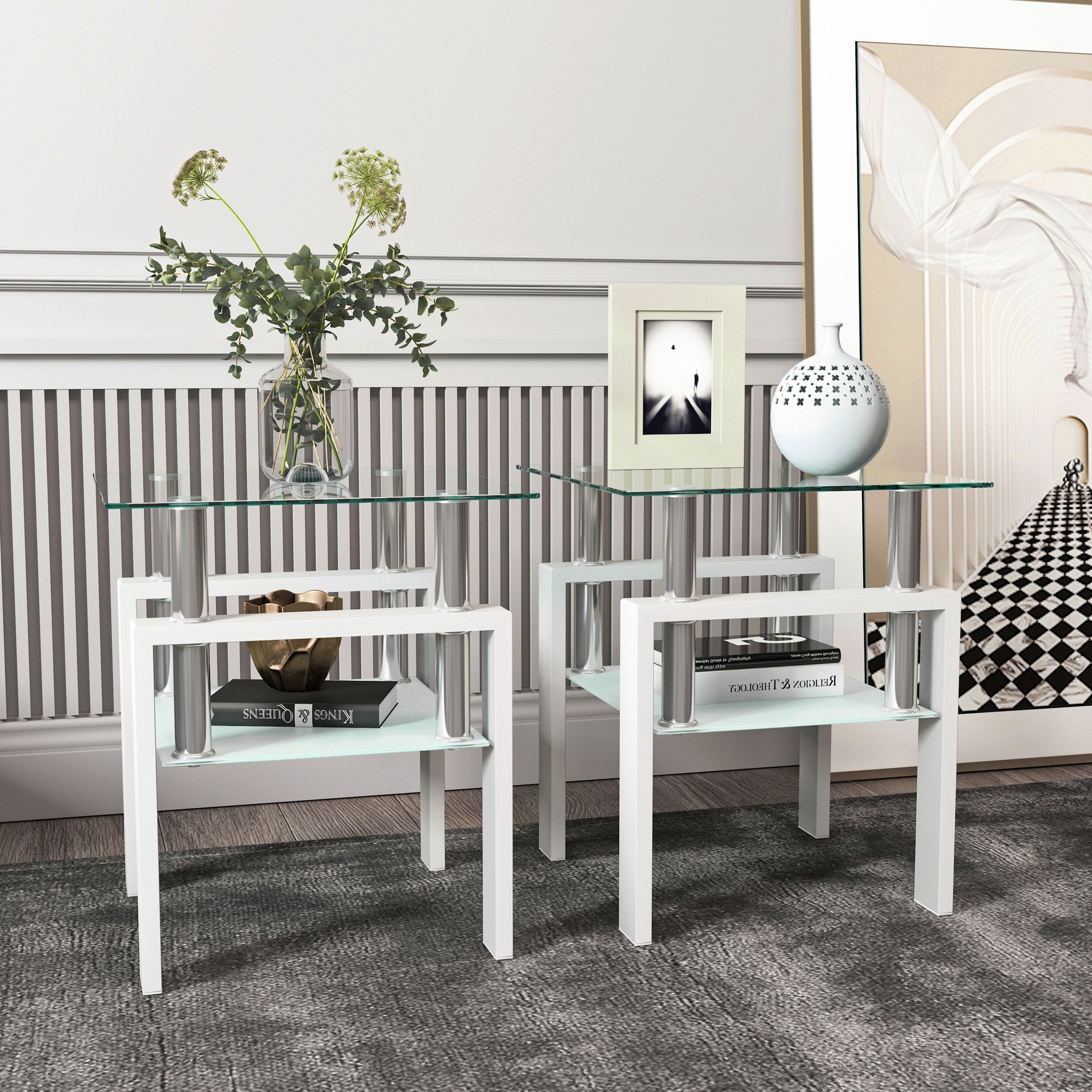 Haoyye Set of 2 Modern Tempered Glass Coffee and Tea Tables, Square Transparent and White Side Tables for Living Room, Sturdy Heavy Duty Space-Saving Design, Easy Assembly for Adults and Dorm Rooms