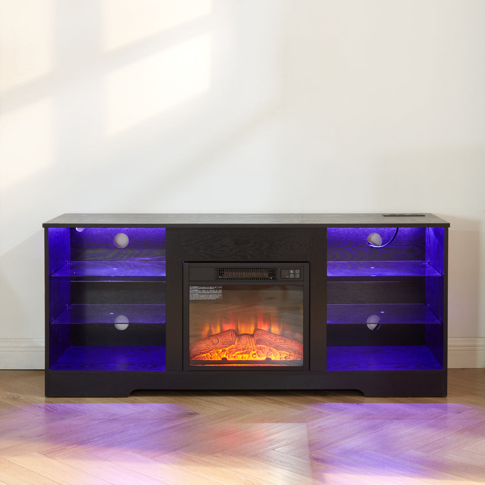 HAOYYE Modern TV Stand With Electric Fireplace, Glass Shelves, 3D Wood Design, LED Lights, And USB Charging Outlet – Entertainment Console Table For TVs From 32 To 62 Inch, Sturdy, Space-Saving Heavy Duty Media Center In Black