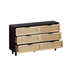 HAOYYE Black 6-Drawer Rattan Storage Cabinet, Modern Space-Saving Design for Bedroom and Living Room, Heavy Duty Construction, Easy Assembly