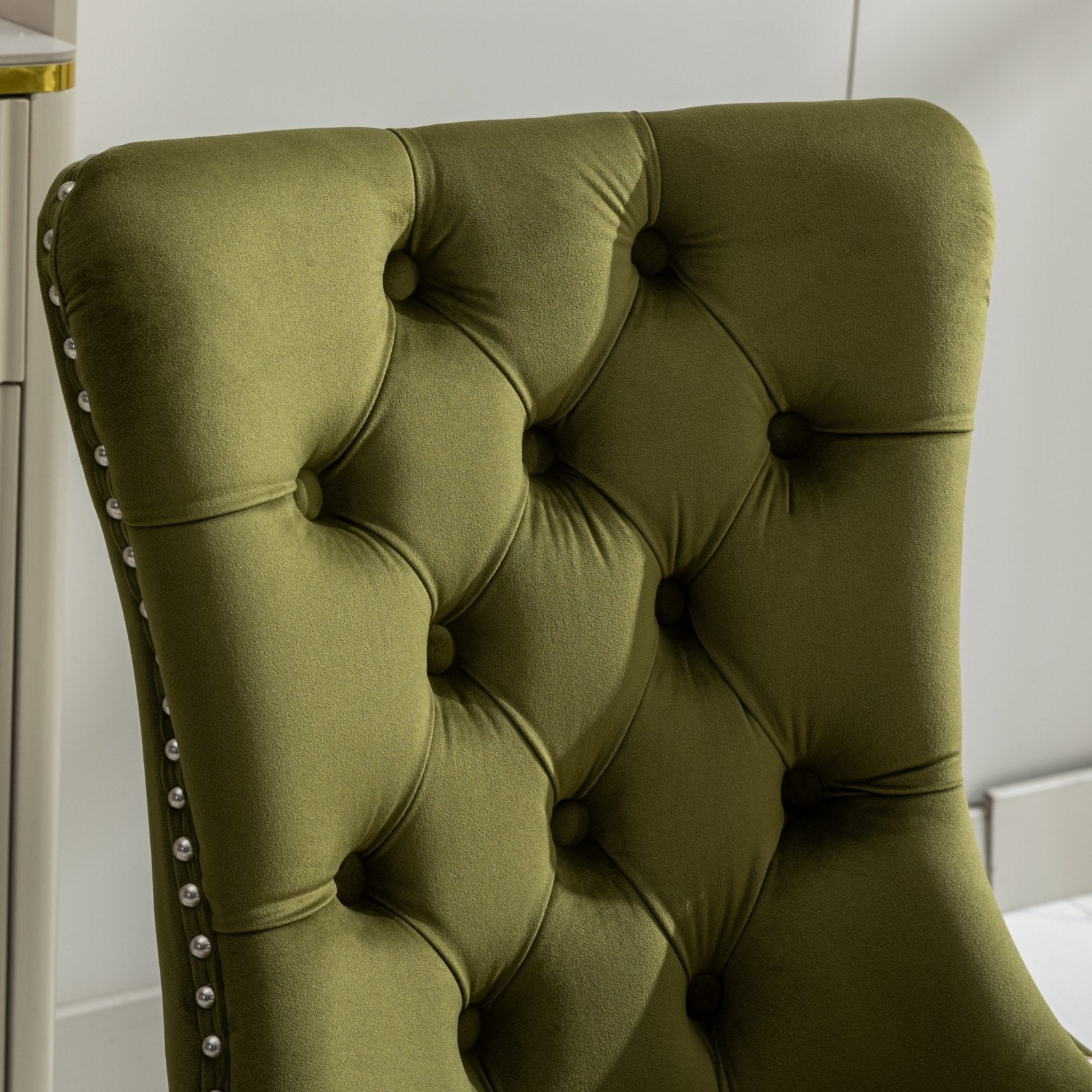 HAOYYE High-end Tufted Solid Wood Contemporary Velvet Upholstered Dining Chair with Chrome Stainless Steel Plating Legs,Nailhead Trim,Set of 2,Olive-Green and Chrome, SW1701OL Sturdy