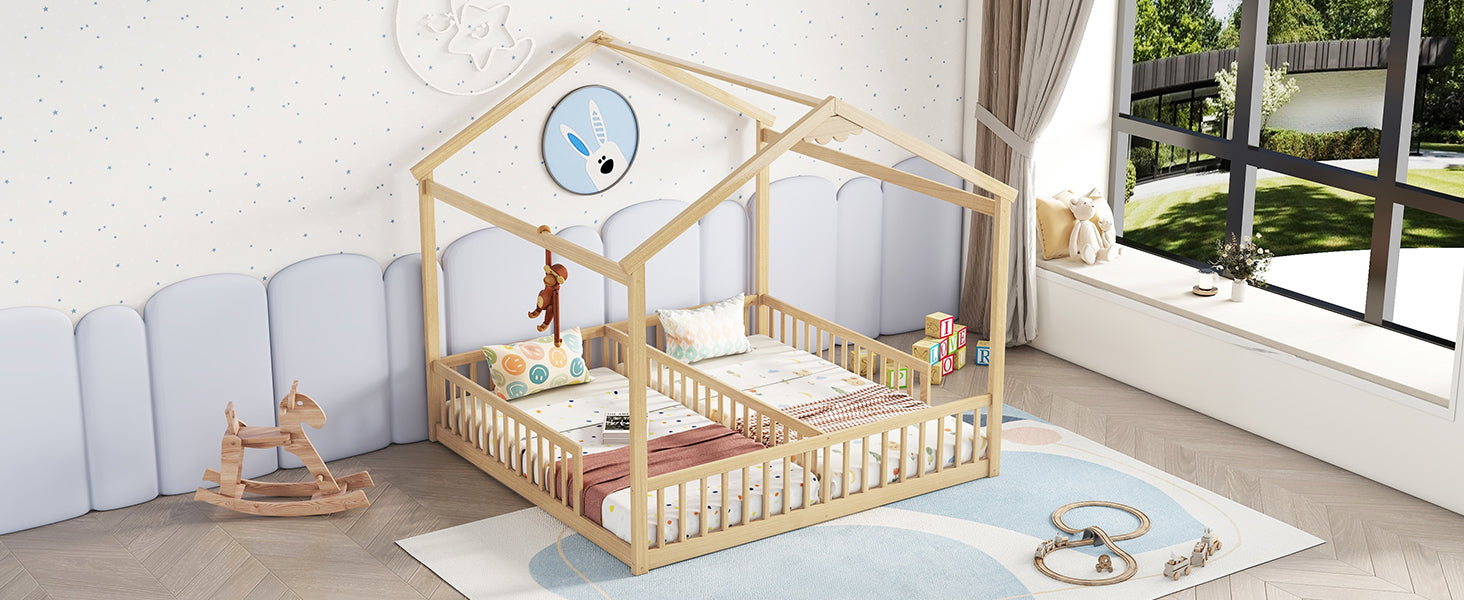 HAOYYE Double Twin House-Style Floor Bed with Fence, Guardrails, without door, Natural Sturdy Space-Saving Heavy Duty Modern Design Adults Dorm Room Easy Assembly Bedroom Furniture