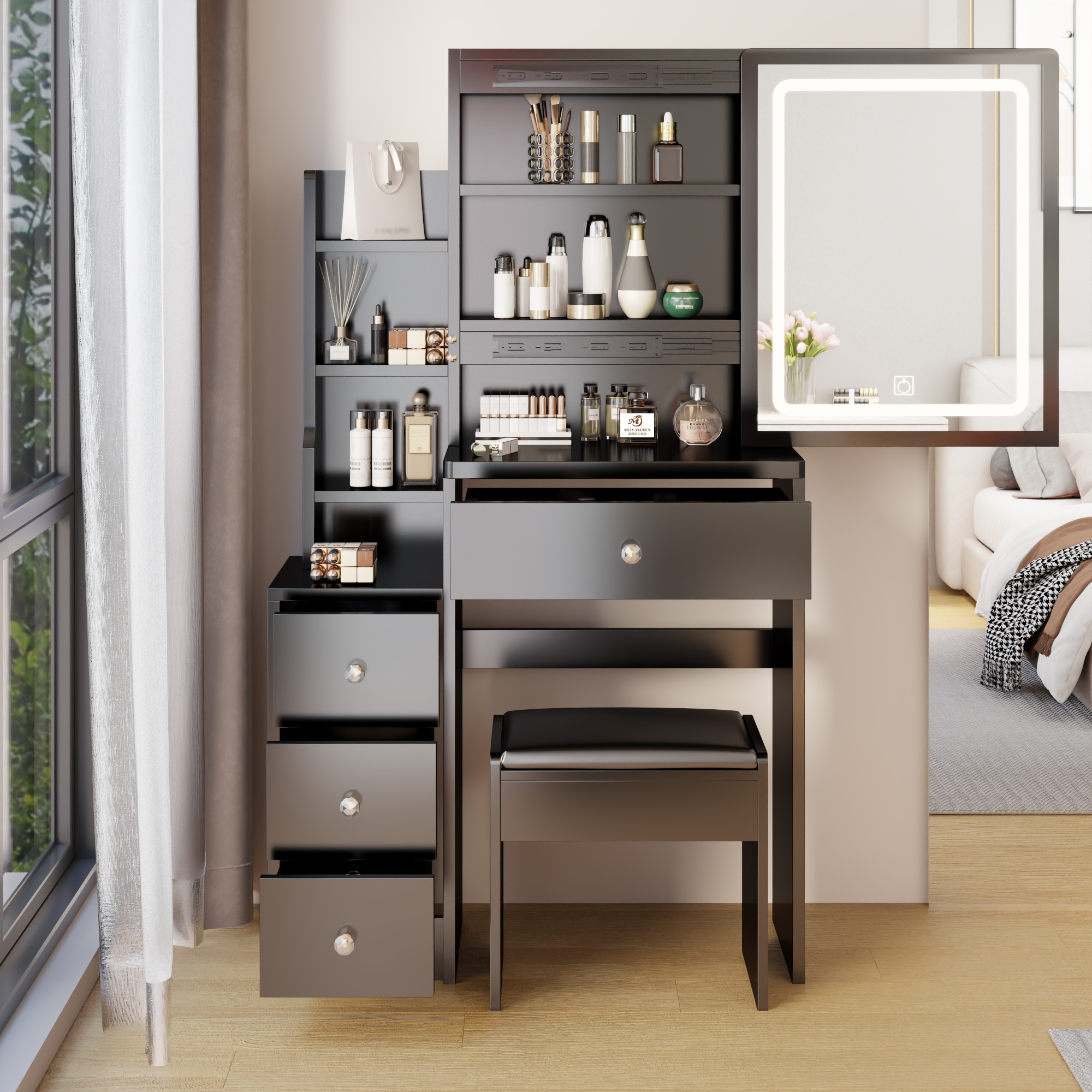 HAOYYE Small Space Left Bedside Cabinet Vanity Table + Cushioned Stool, Extra Large Touch Control Sliding LED Mirror, Tri-color Switching, Brightness Adjustable, Suitable for Girls No More Than 5.6ft Tall