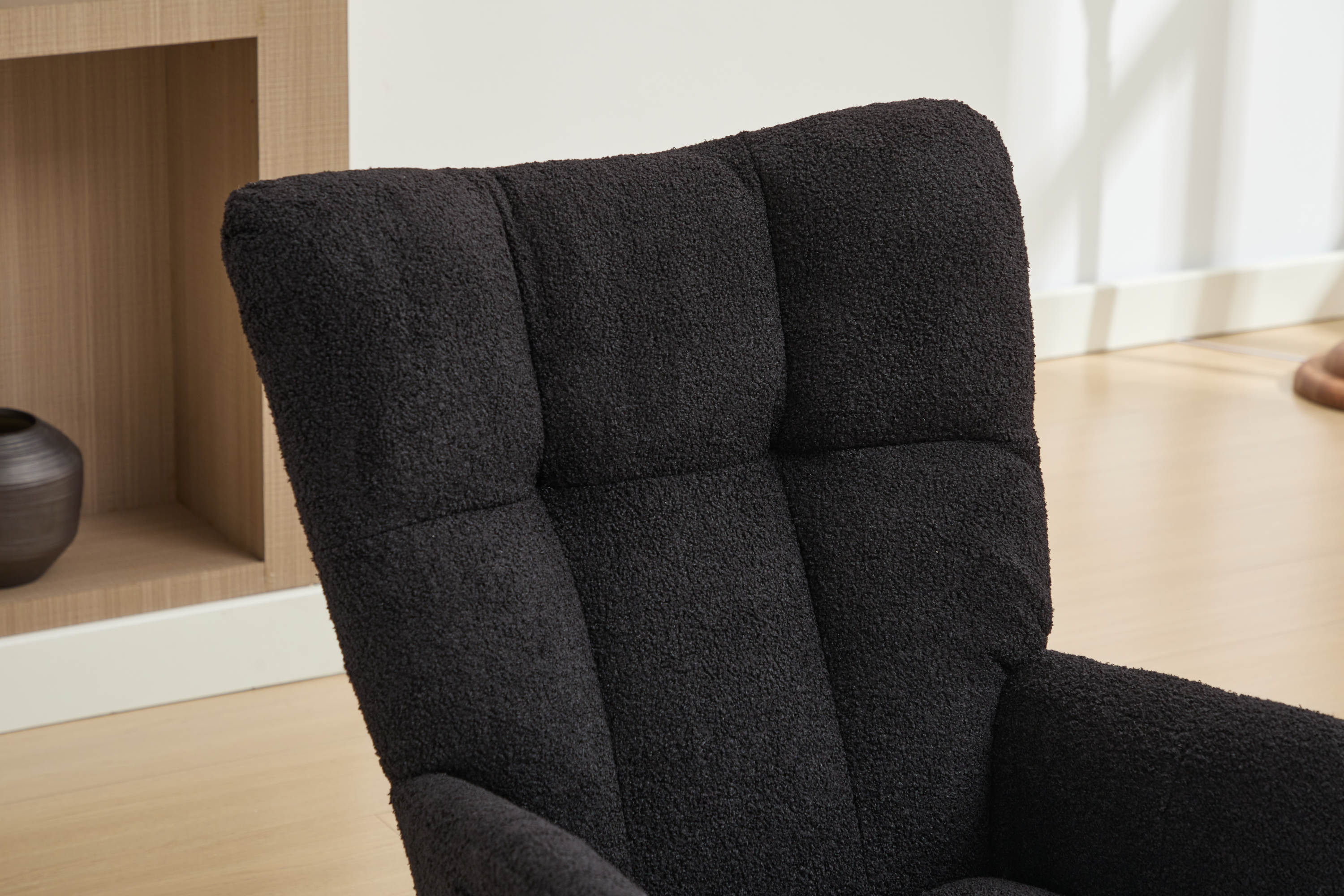 Haoyye Black Modern Nursery Rocking Chair with High Backrest, Soft Teddy Upholstered Glider Accent Armchair with Solid Wood Legs, Gentle Rocker for Bedroom, Living Room, or Nursery, Sturdy and Space-Saving Design for Adults