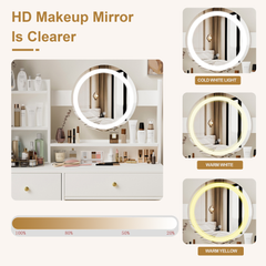 HAOYYE Fashion Vanity Desk with Mirror and Lights for Makeup and Cushioned Chair, Vanity Mirror with Lights and Table Set with 3 Color Lighting Brightness Adjustable,Dressing table, White Color Sturdy