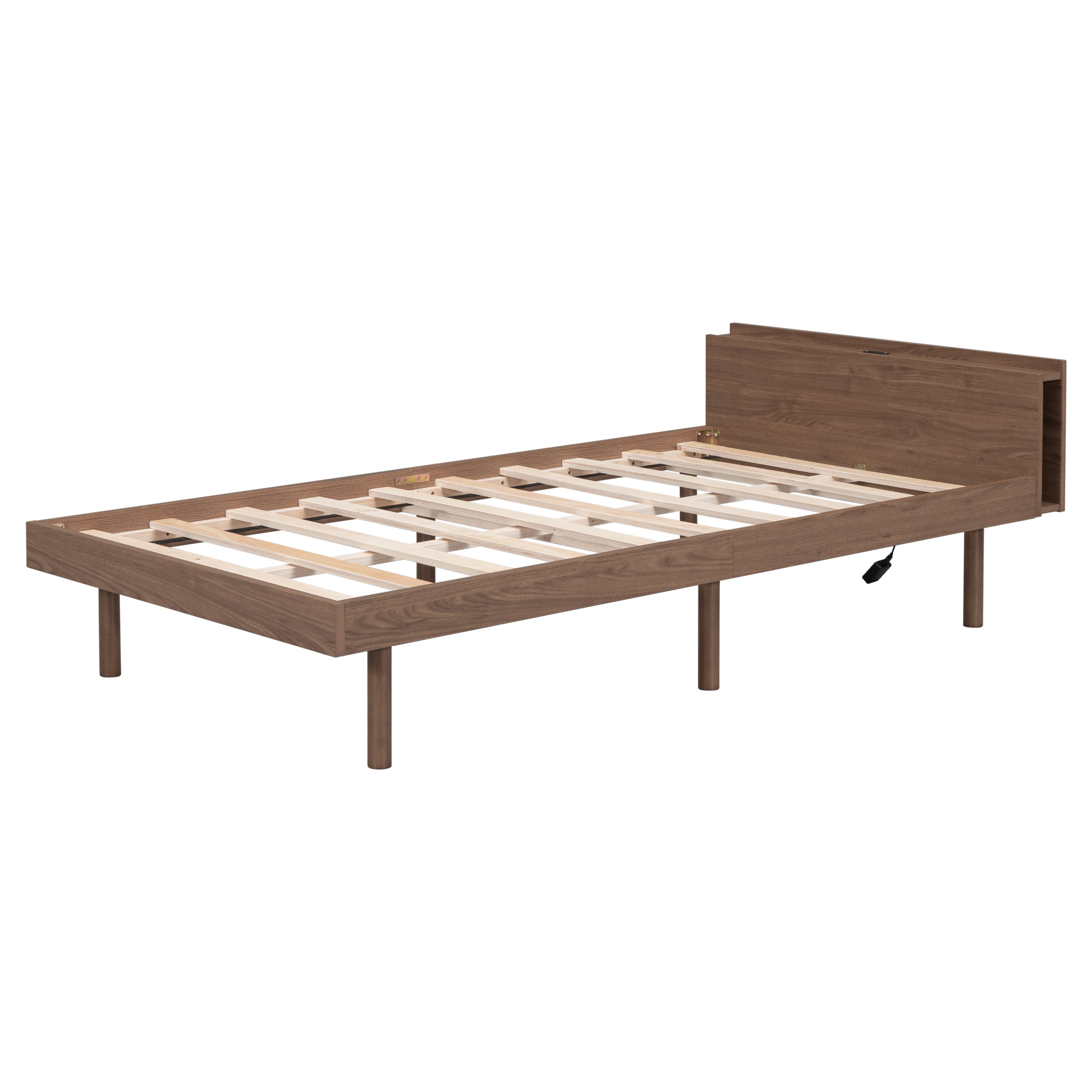 HAOYYE Modern Design Twin Size Platform Bed Frame with Built-in USB port for Walnut Color Sturdy Space-Saving Heavy Duty Easy Assembly Durable Stylish Home Furniture Versatile