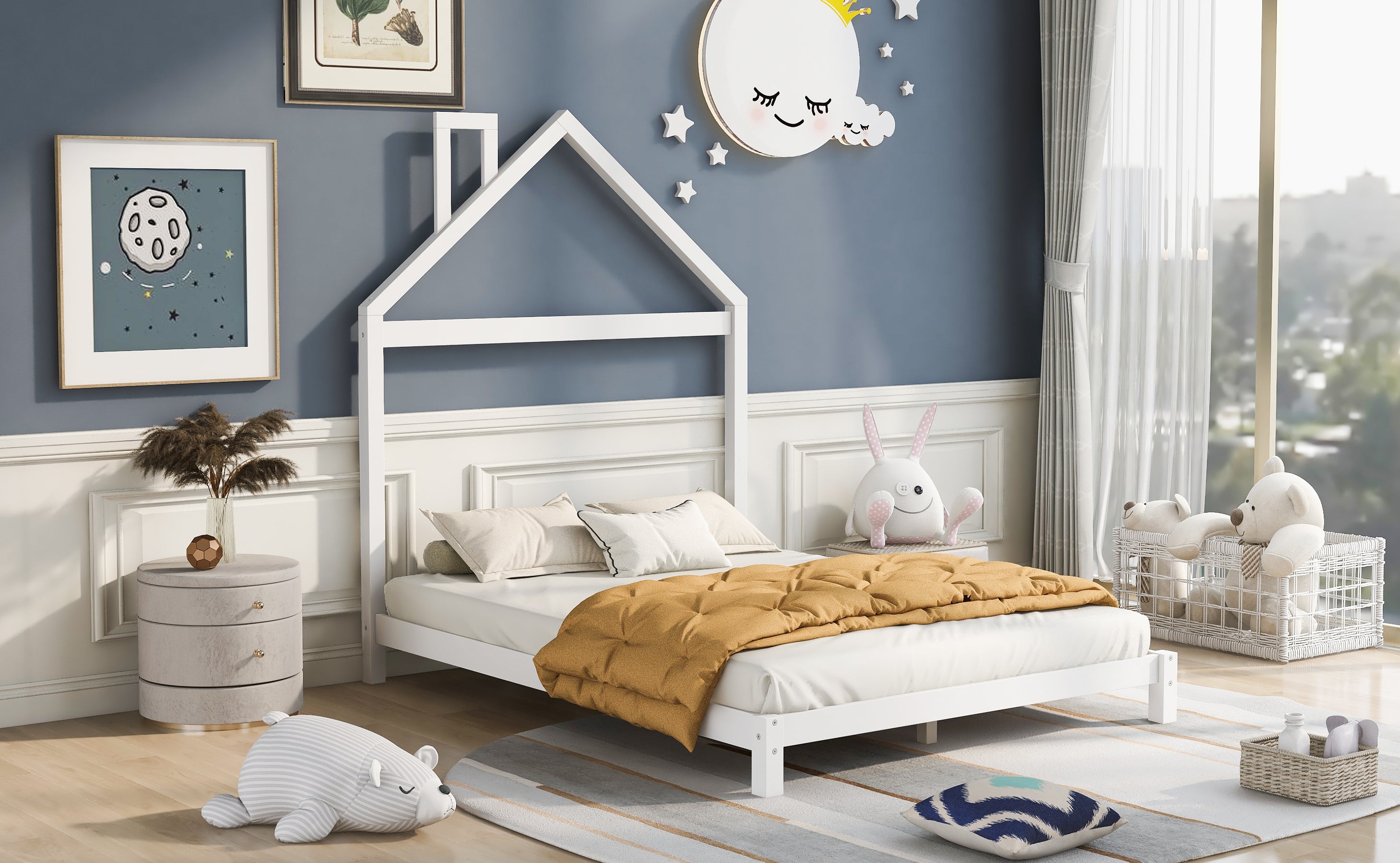 HAOYYE Full Size Wood Platform Bed with House-shaped Headboard (White) Sturdy Space-Saving Heavy Duty Modern Design Easy Assembly Durable Stylish Home Furniture Versatile