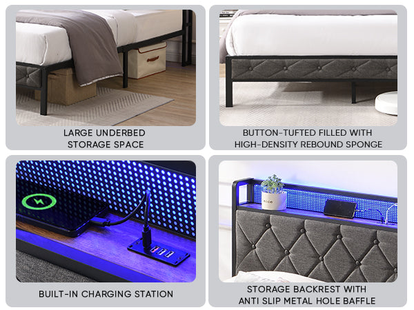 HAOYYE Full Bed Frame with Storage Headboard, Charging Station and LED Lights, Upholstered Platform Bed with Heavy Metal Slats, No Box Spring Needed, Noise Free, Easy Assembly, Dark Gray Sturdy Space-Saving