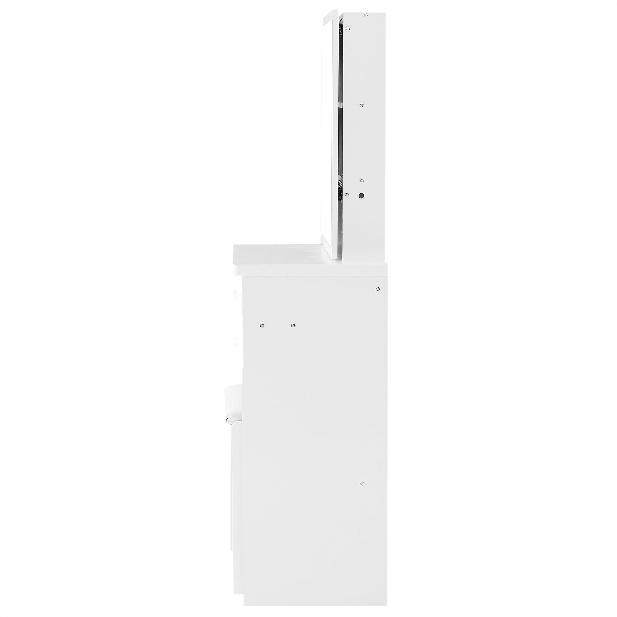 HAOYYE Small Size Left Bedside Cabinet Vanity Table + Cushioned Stool, Touch Control Sliding LED Mirror, Tri-color Switching, Brightness Adjust, Multi Layer, Suitable for Small Space, EPA,GCC,UL Certificate