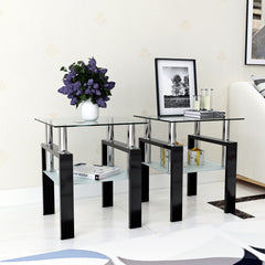 HAOYYE Set of 2, Modern Tempered Glass Tea Table Coffee Table End Table, Square Table for Living Room, Transparent/Black Sturdy Space-Saving Heavy Duty Modern Design Adults Dorm Room Easy Assembly