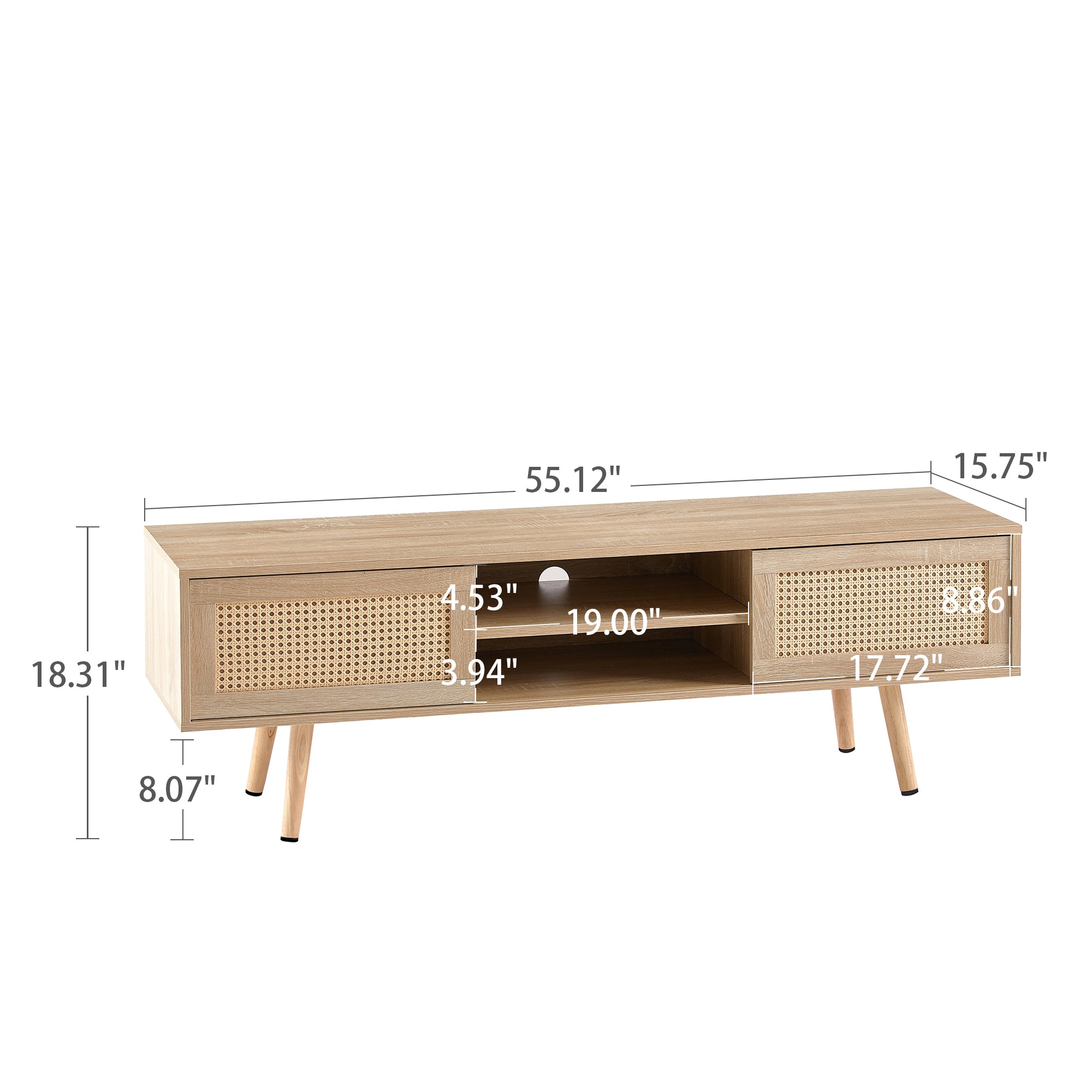 HAOYYE 55.12" Rattan TV cabinet, double sliding doors for storage, adjustable shelf, solid wood legs, TV console for living room ,natural Sturdy Space-Saving Heavy Duty Modern Design Adults Dorm Room