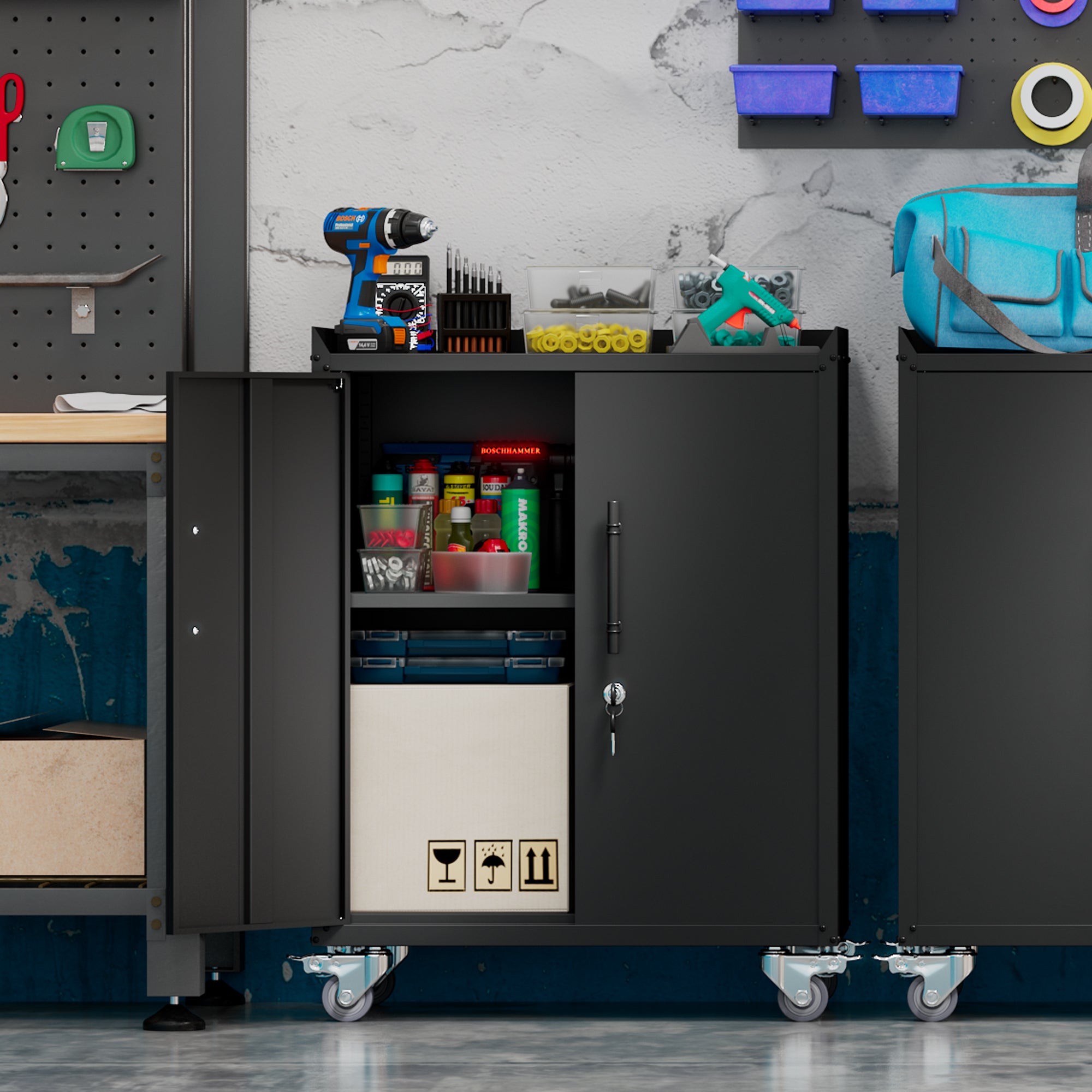 HAOYYE 2 Door Tool Cabinets for Garage, Lockable Garage Storage Cabinet, Locking Metal Storage Cabinet with Wheels, Rolling Tool Chest, Assembly Required H34*W30.3*D18 Sturdy Space-Saving Heavy Duty
