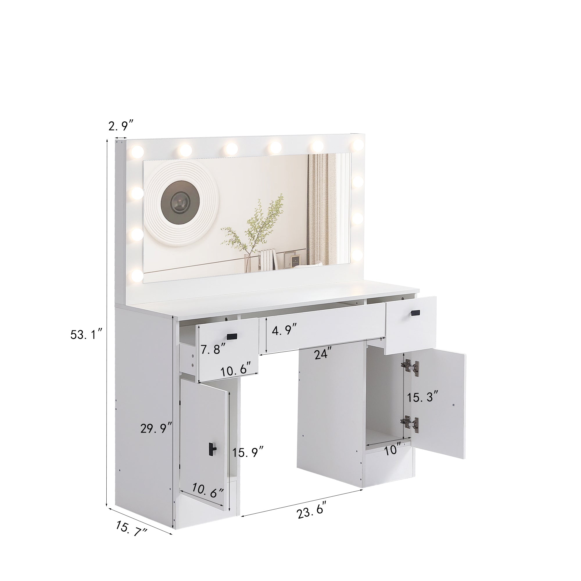 HAOYYE Vanity table with lighted mirror, vanity desk with 3 drawers and storage cabinet,3 color lighting modes adjustable brightness, white color with modern design, luxury style, durable material,.