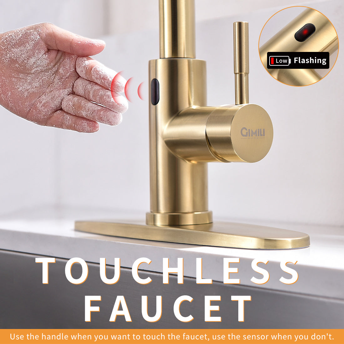 HAOYYE Touchless Kitchen Faucet,Hands Free Automatic Smart Kitchen Faucet Brushed Nickel Gold Smart Kitchen Faucet Sturdy Space-Saving Heavy Duty Modern Design Adults Dorm Room Easy Assembly