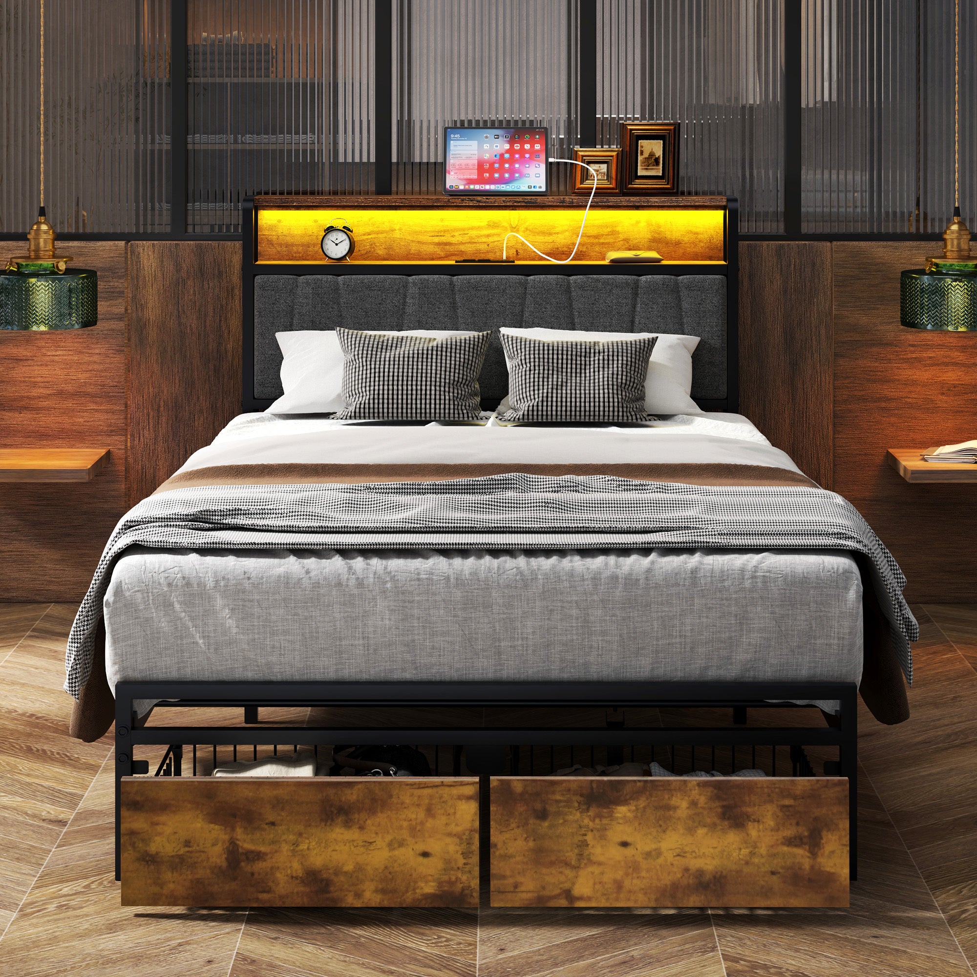 HAOYYE Twin Size Upholstered Platform Bed Frame with Storage Drawers, USB Ports, LED Lights, and Wingback Headboard, Rustic Brown, Sturdy Space-Saving Design, Heavy Duty Construction, Modern Stylish Home Furniture