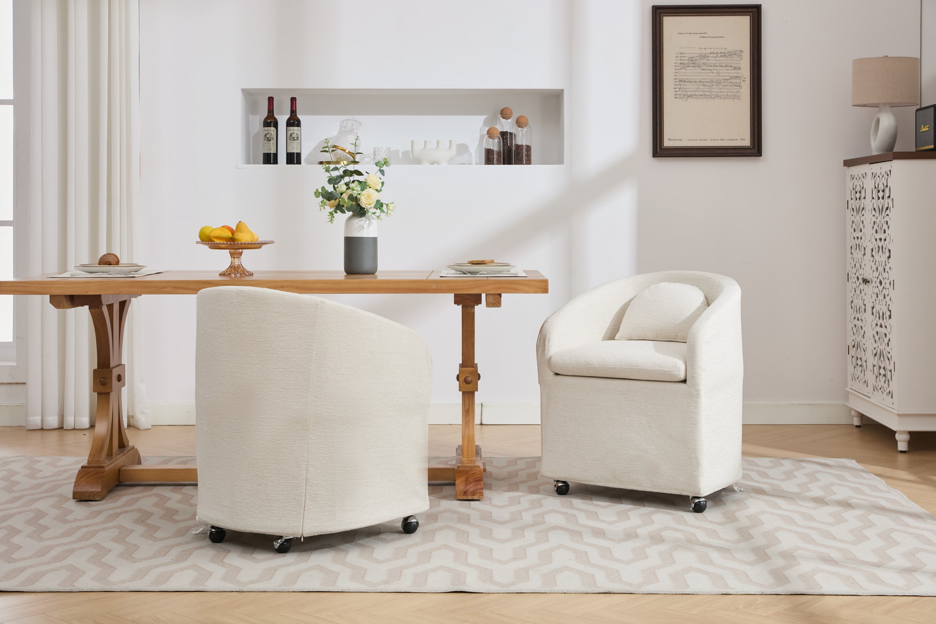 HAOYYE 059-Set of 1 Chenille Fabric Dining Armchair With Back Cushion and Universal Wheels,Beige Sturdy Space-Saving Heavy Duty Modern Design Adults Dorm Room Easy Assembly Bedroom Furniture
