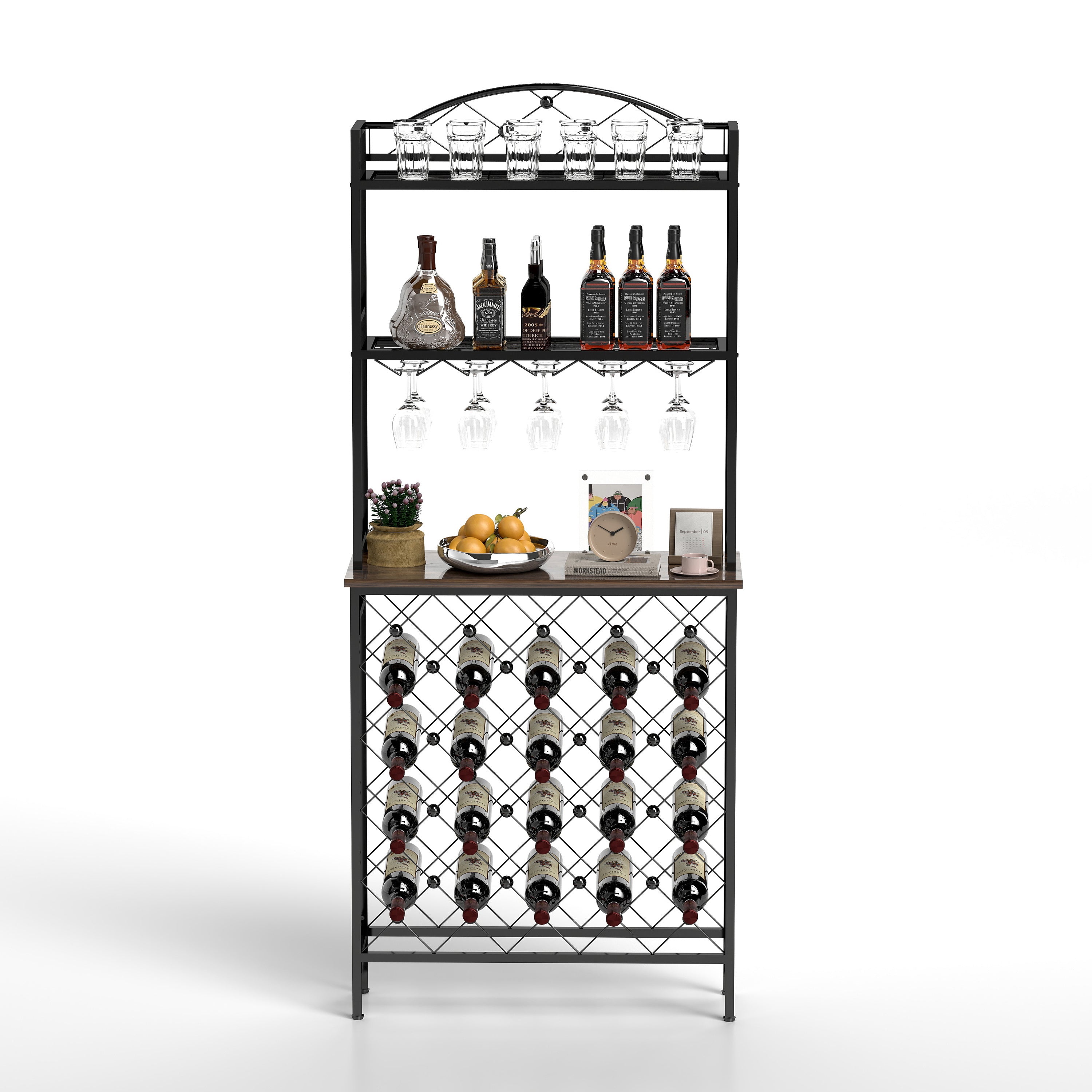 HAOYYE Industrial Wine Rack Bar Table, 3-Tier Liquor Bottle and Glass Holder with Storage Shelves, Metal and Wood Wine Organizer for Home Kitchen, Dining Room, and Living Room Sturdy Space-Saving Heavy Duty