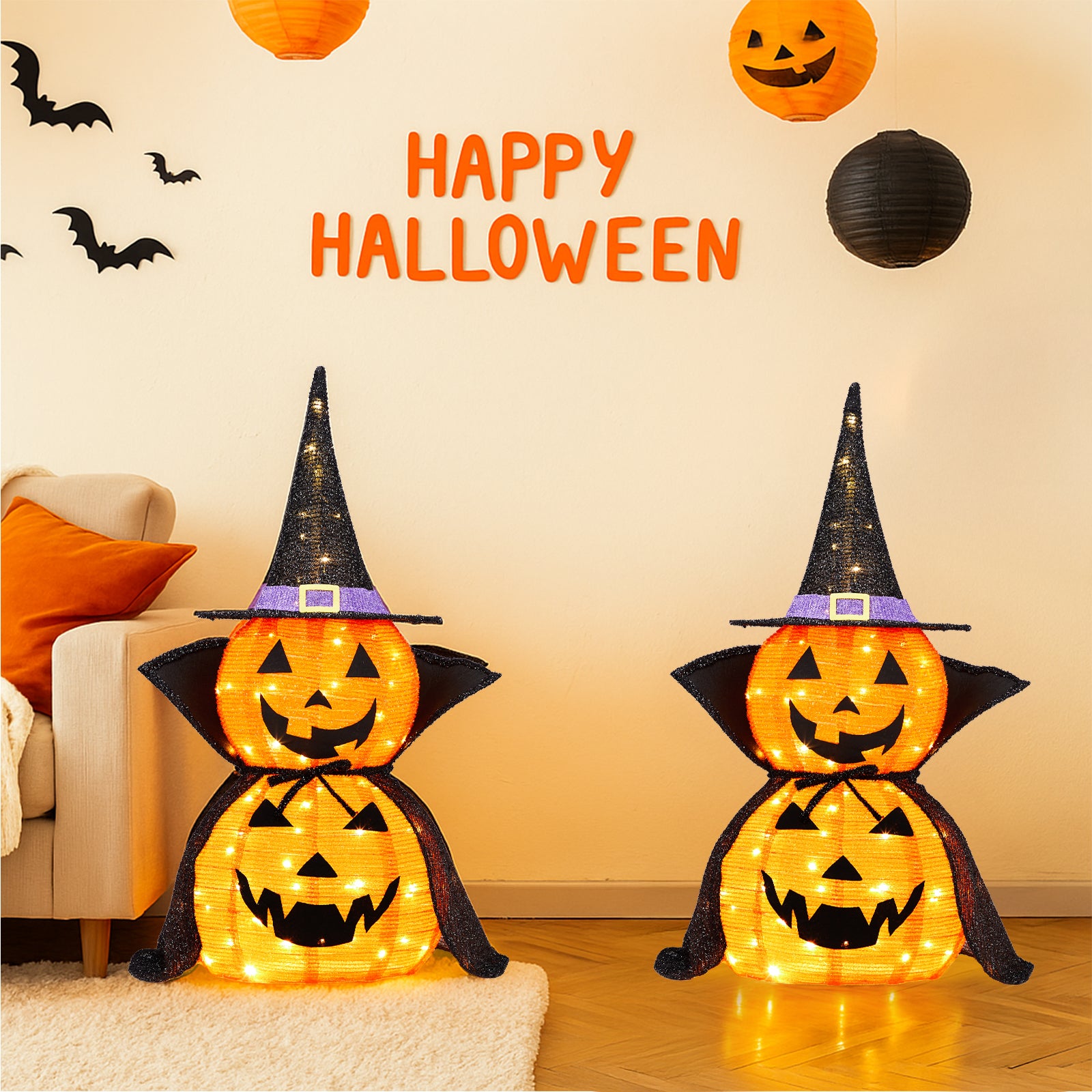 HAOYYE Black Halloween Pumpkin Decorations 2-Pack Collapsible Lighted Jack-O-Lanterns with 176 Warm LED Lights, Metal Frame Pop-Up Pumpkin Lamps with Wizard Capes for Indoor Outdoor Garden Patio Party Decor