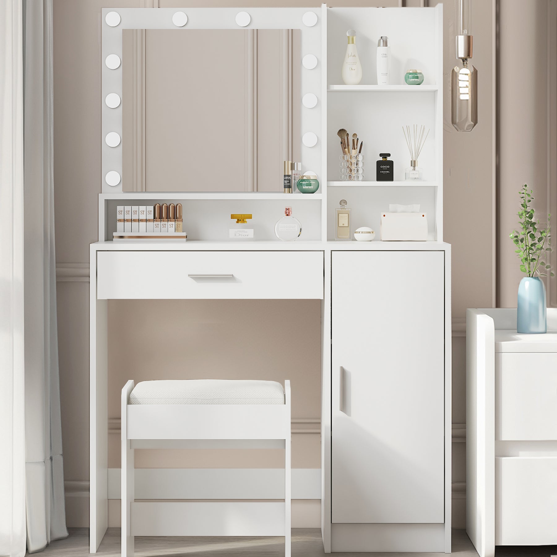 HAOYYE Vanity Desk with Mirror & Light, Large Drawer Three-Level Storage Dresser, 3 Lighting Modes with Adjustable Brightness, Modern Luxury Bedroom Dressing Table, White with Stool