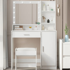 HAOYYE Vanity Desk with Mirror & Light, Large Drawer Three-Level Storage Dresser, 3 Lighting Modes with Adjustable Brightness, Modern Luxury Bedroom Dressing Table, White with Stool