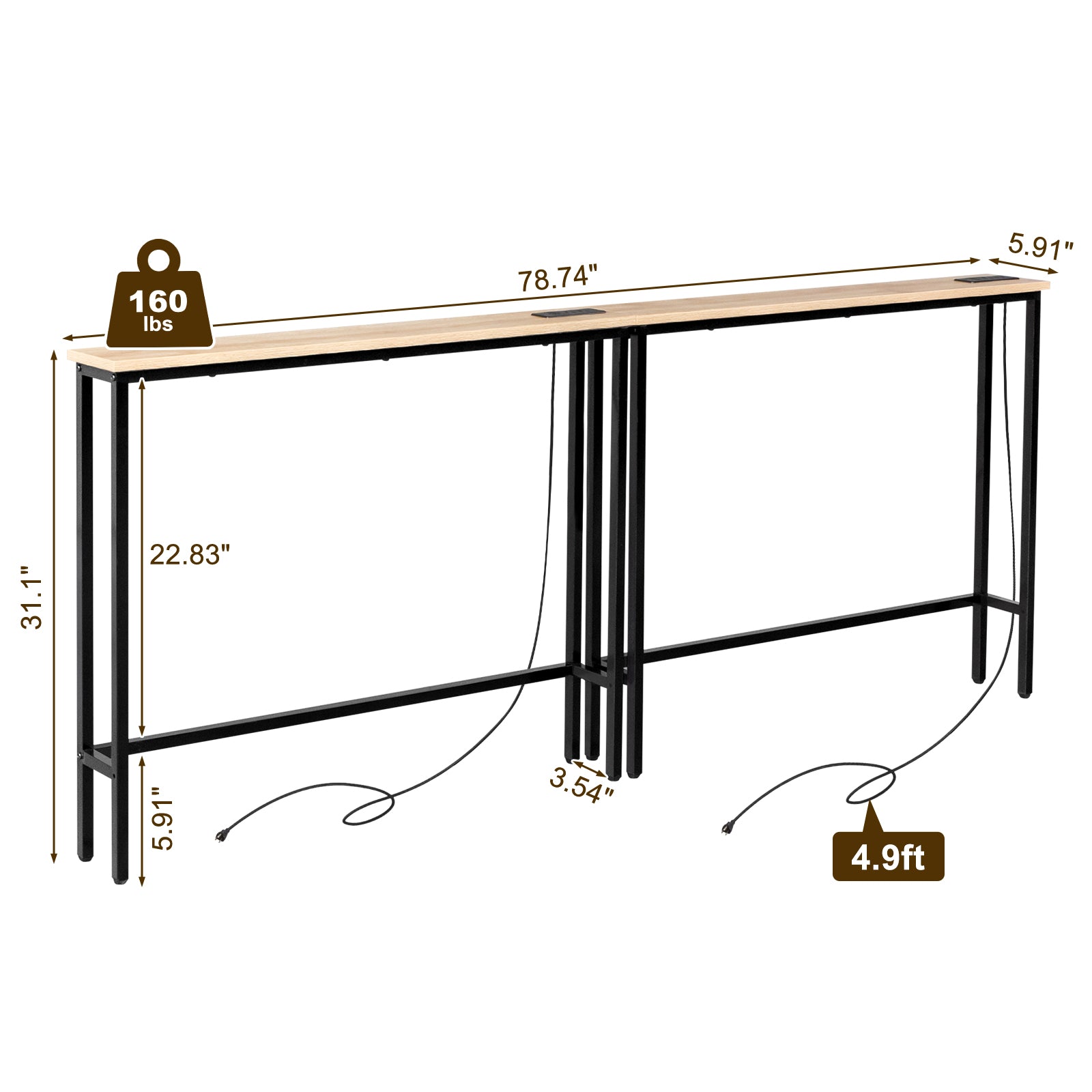 HAOYYE Oak 2 Pack Narrow Console Sofa Tables with Built-In Power Outlets and USB Ports, Long Couch Tables with Sturdy Metal Frame and 4.9ft Extension Cord, Space-Saving Charging Stations for Living Rooms, Dorms, Apartments