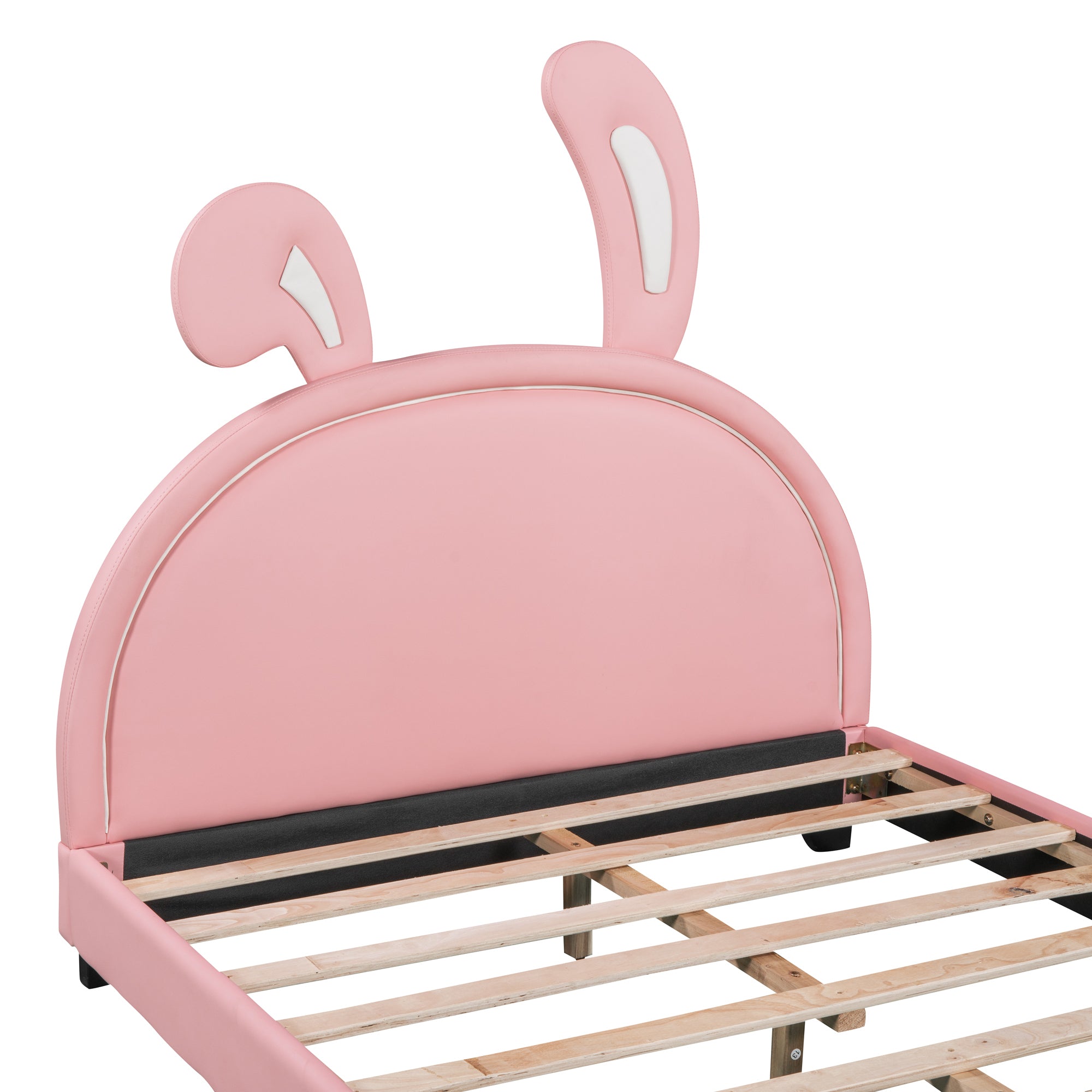 HAOYYE Full Size Upholstered Leather Platform Bed with Rabbit Ornament, Pink Sturdy Space-Saving Heavy Duty Modern Design Adults Dorm Room Easy Assembly Bedroom Furniture