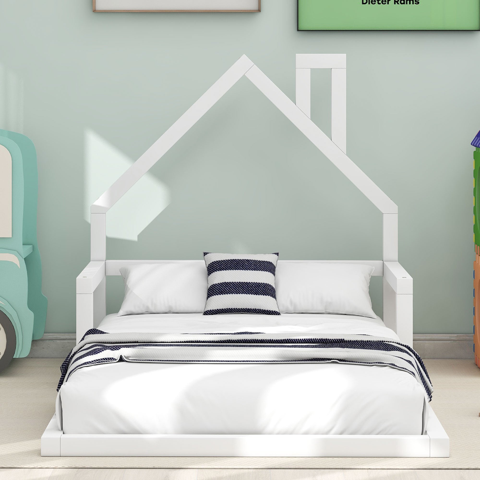HAOYYE Twin Size Wood Floor Bed with House-shaped Headboard, White Sturdy Space-Saving Heavy Duty Modern Design Adults Dorm Room Easy Assembly Bedroom Furniture