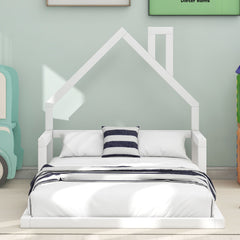 HAOYYE Twin Size Wood Floor Bed with House-shaped Headboard, White Sturdy Space-Saving Heavy Duty Modern Design Adults Dorm Room Easy Assembly Bedroom Furniture