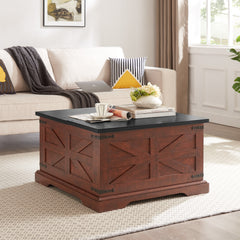 HAOYYE Farmhouse Coffee Table With Hidden Storage, Square Wood Cocktail Table With Hinged Lift Top, Rustic Barn Style Center Table For Living Room, Oak Finish