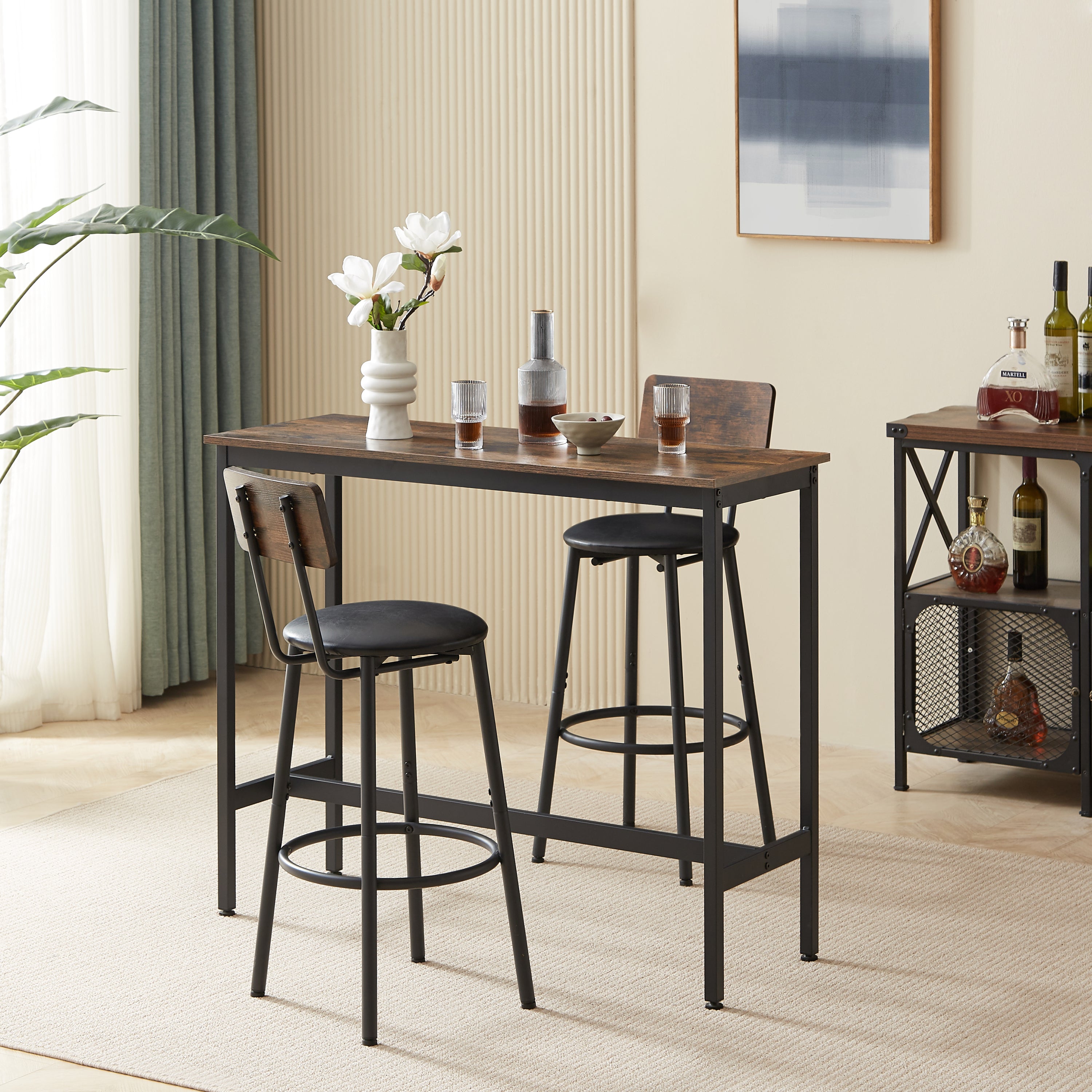 HAOYYE Bar Table Set with 2 Bar stools PU Soft seat with backrest, Rustic Brown, 43.31'' L x 15.75'' W x 35.43'' H. Sturdy Space-Saving Heavy Duty Modern Design Adults Dorm Room Easy Assembly