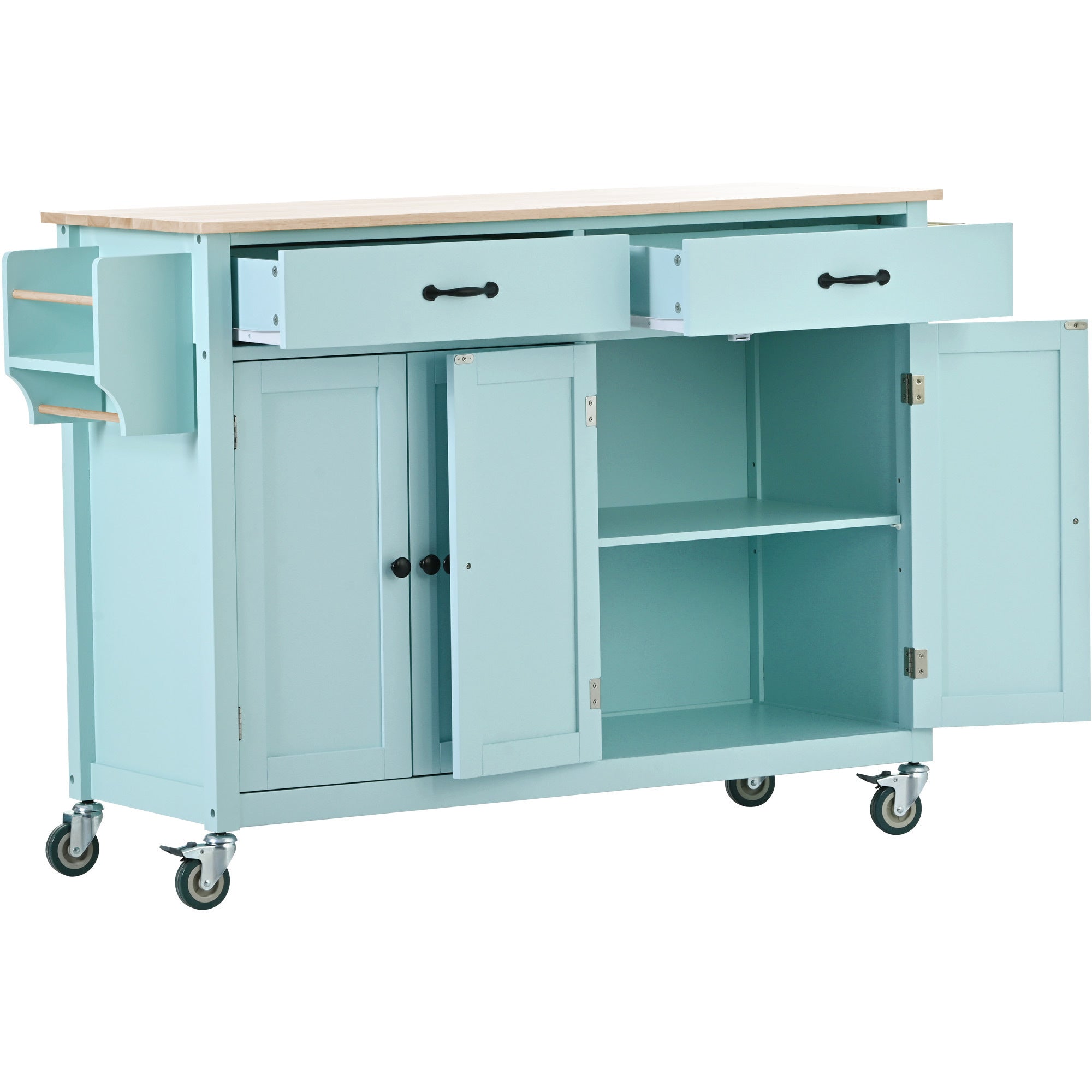 HAOYYE Kitchen Island Cart, Mint Green, with Solid Wood Top, 4-Door Cabinet, 2 Drawers, Adjustable Shelves, Spice Rack, Towel Bar, and 2 Locking Wheels. Modern, Space-Saving, Sturdy Heavy Duty Design for Easy Assembly and Versatile Use